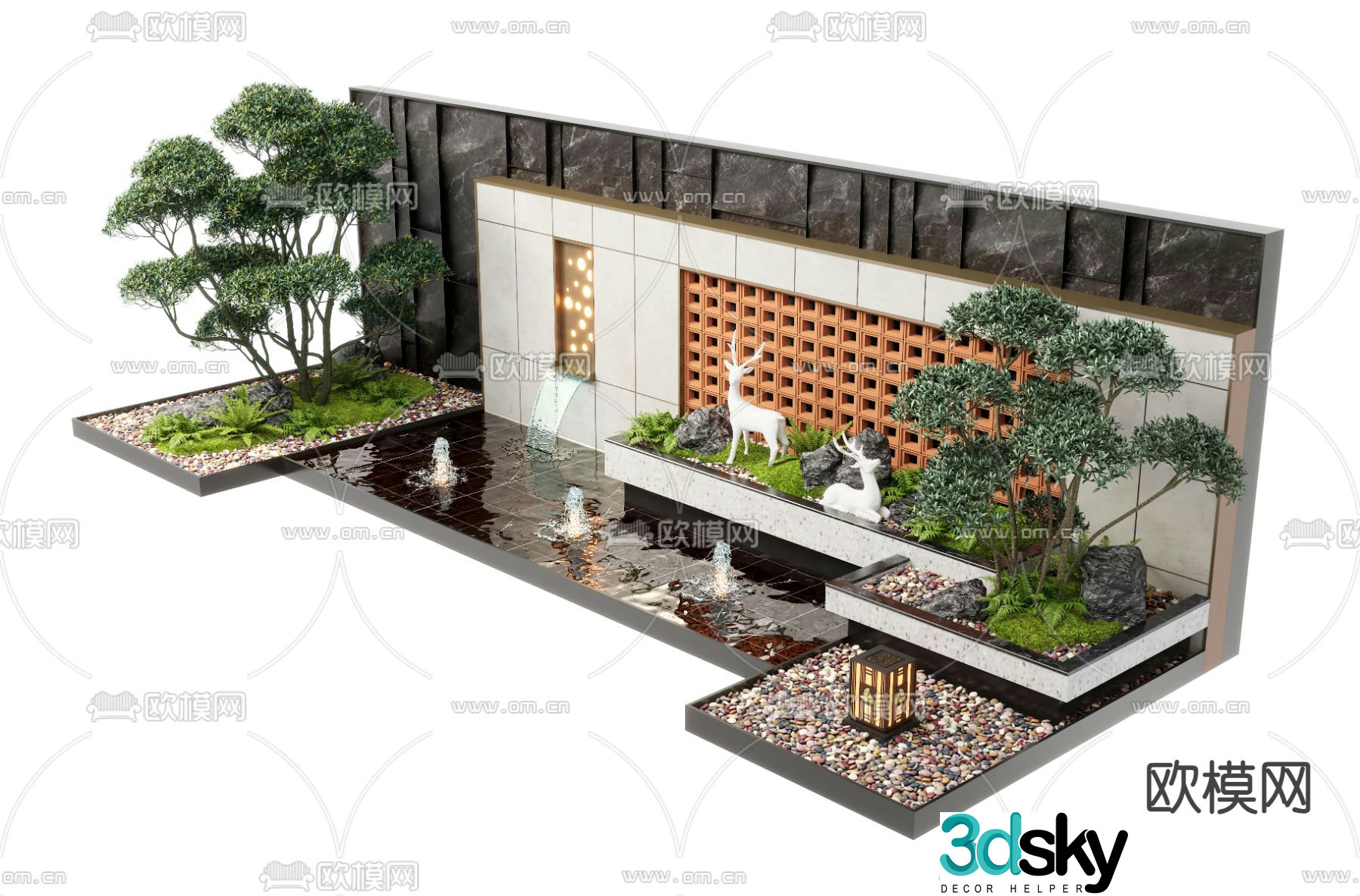 New Chinese style water feature wall fountain falling water sketch 3D model