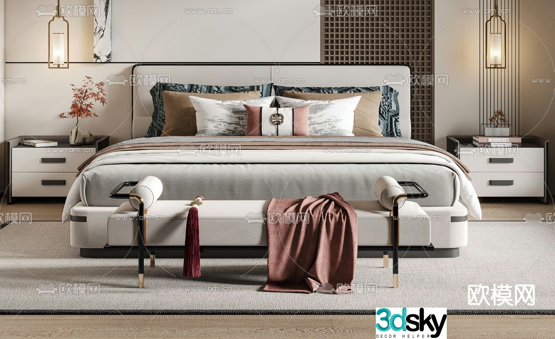 New Chinese style double bed 3d model