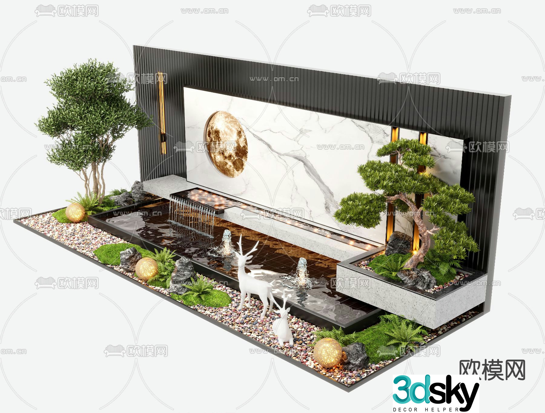 New Chinese style water feature wall fountain falling water sketch 3D model