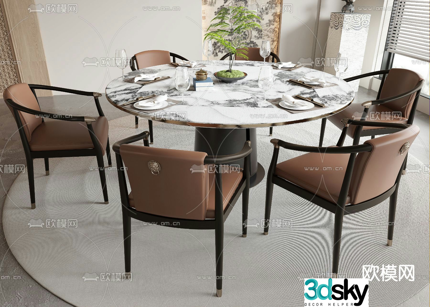 New Chinese style dining table and chairs round dining table 3d model