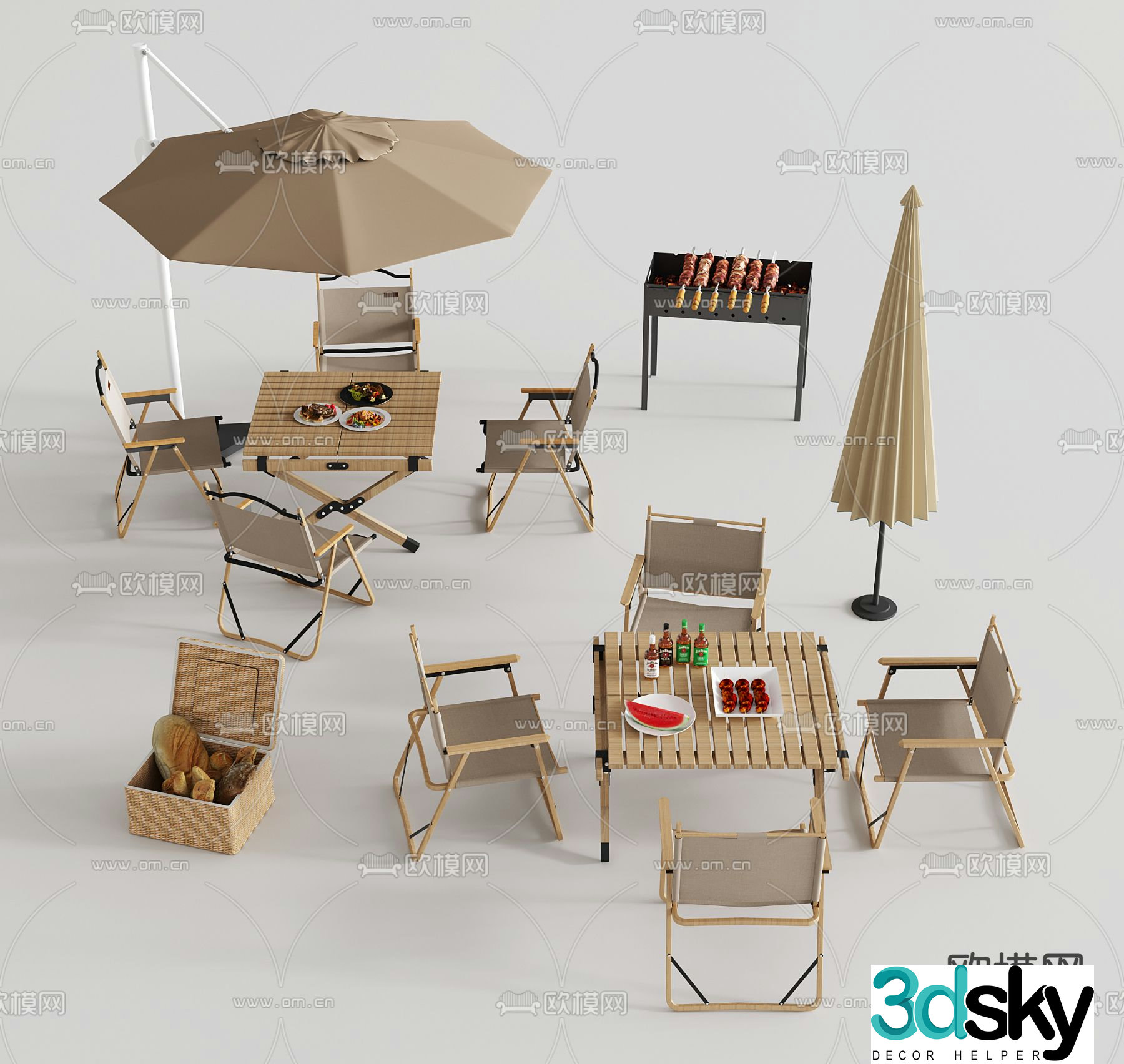 Outdoor tables and chairs parasols barbecue table 3D model