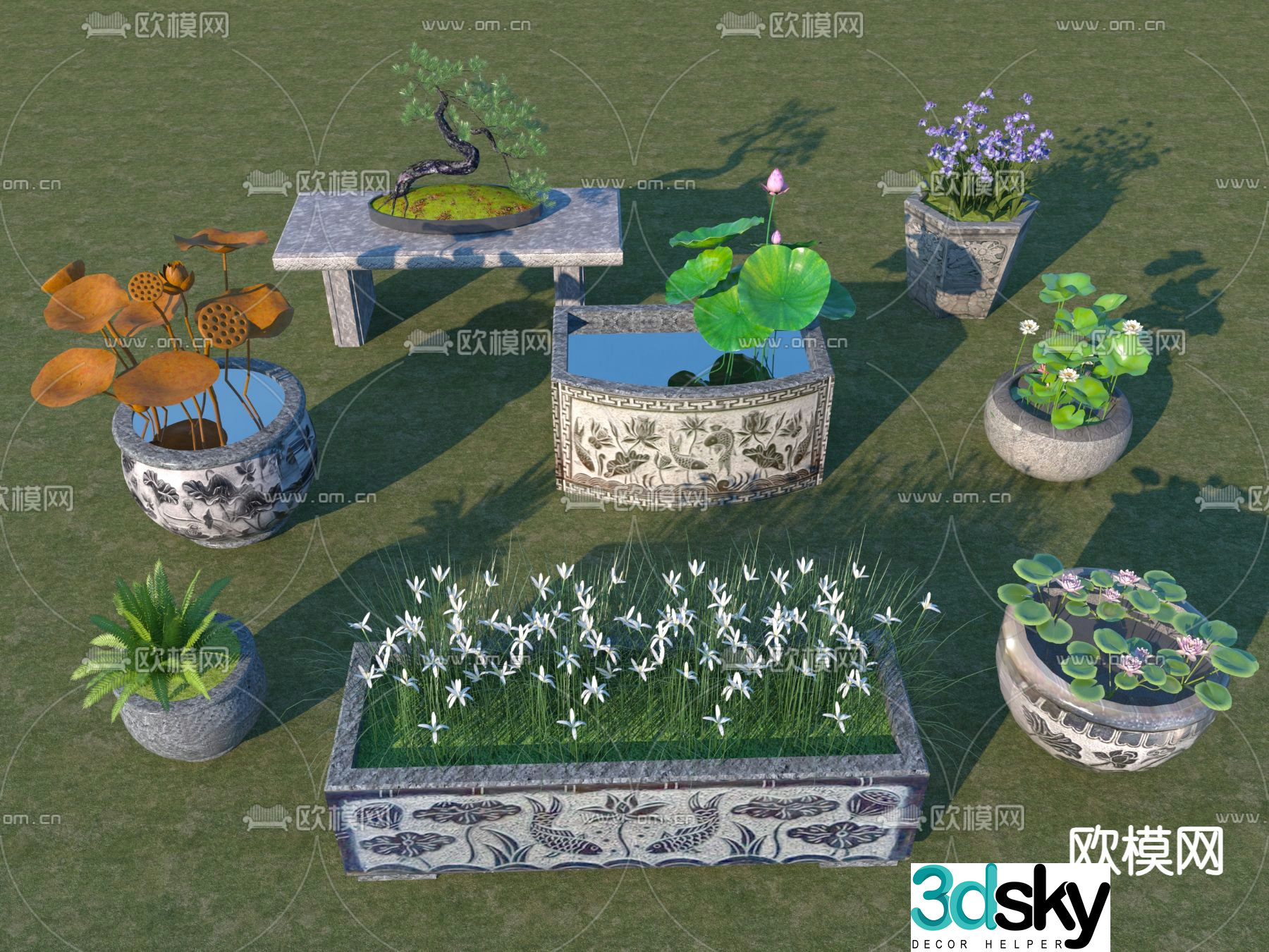Chinese garden sketch water tank potted plant 3D model