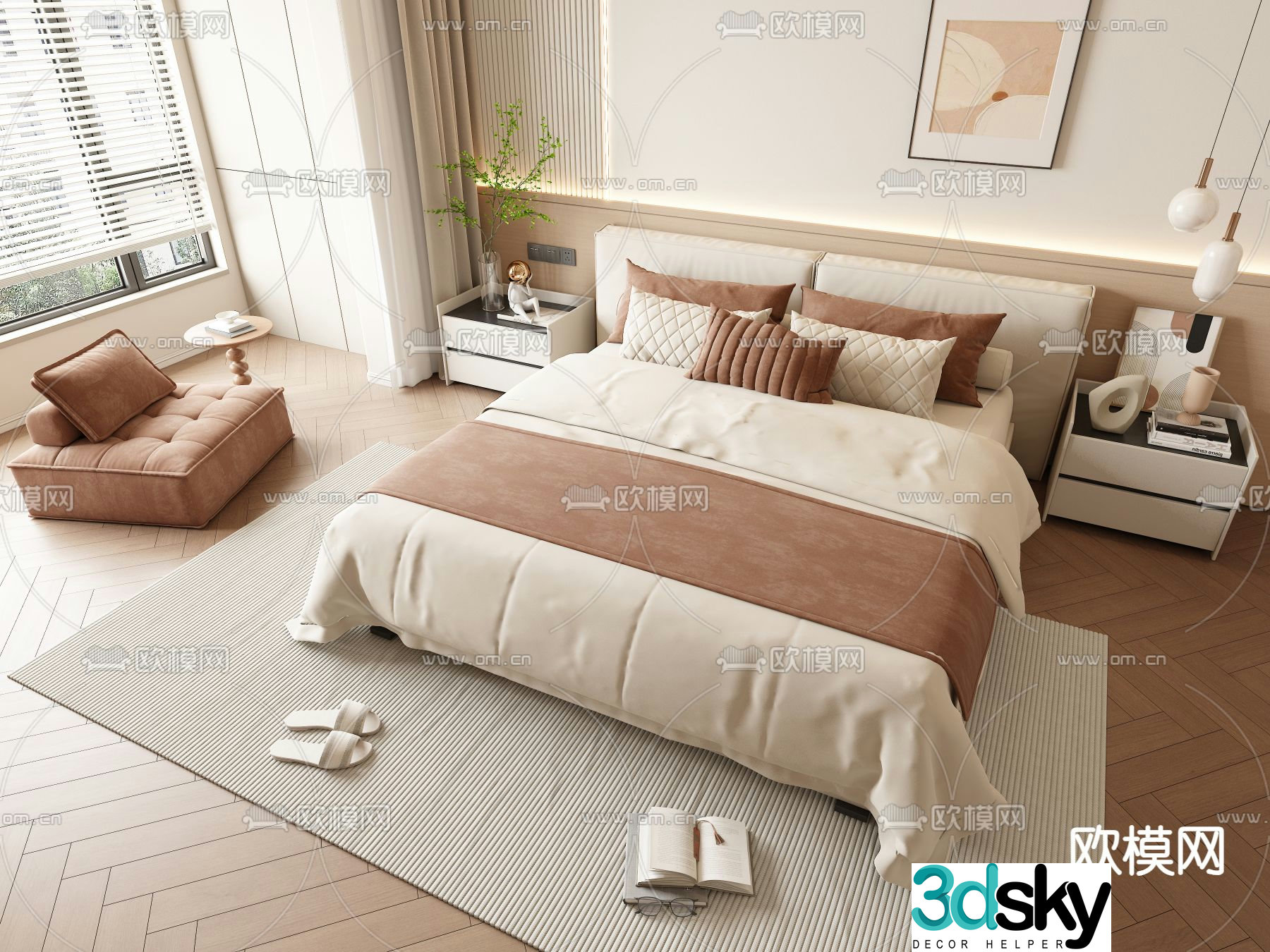Cream style double bed 3d model