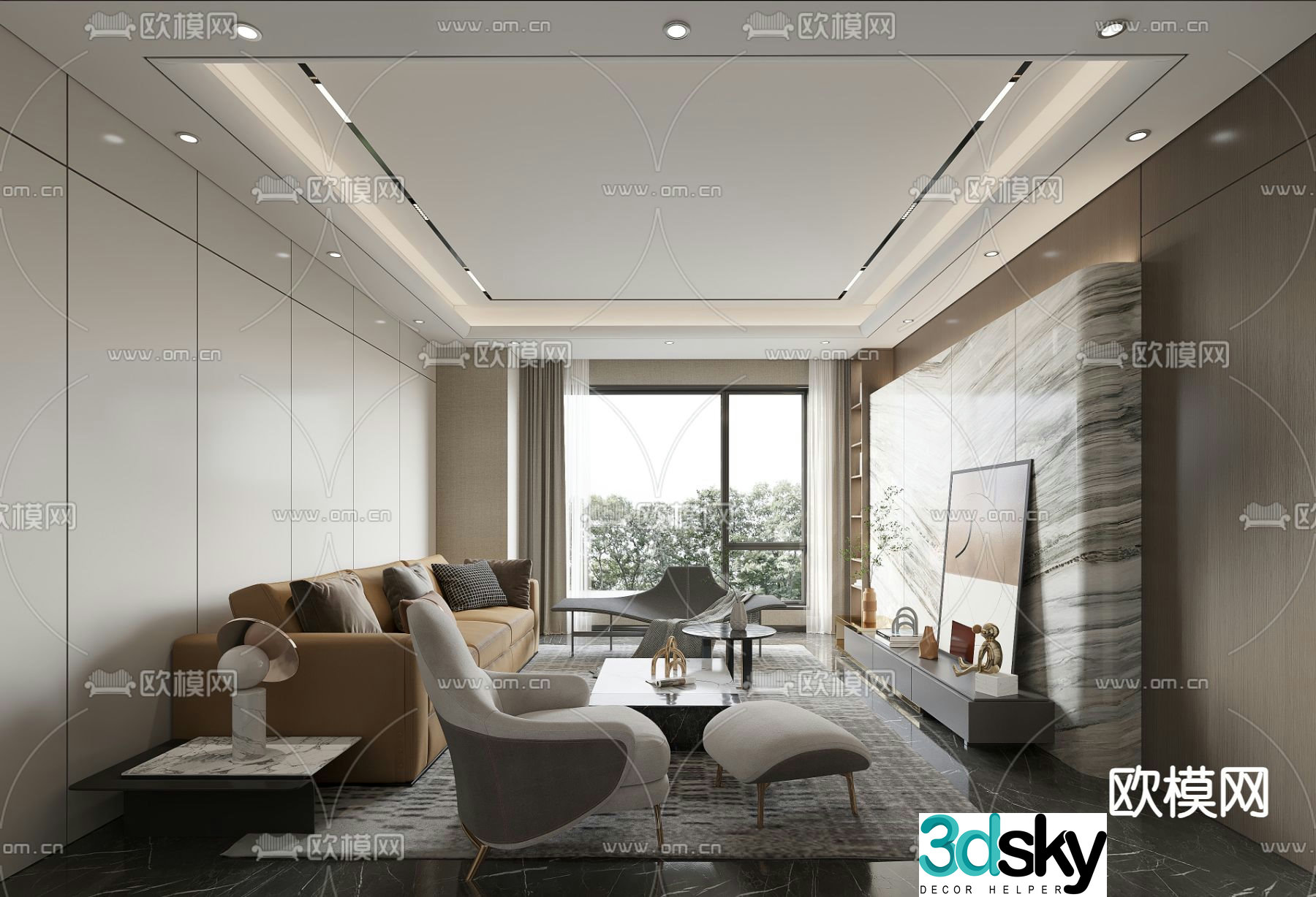 Modern living and dining room marble dining table 3d model