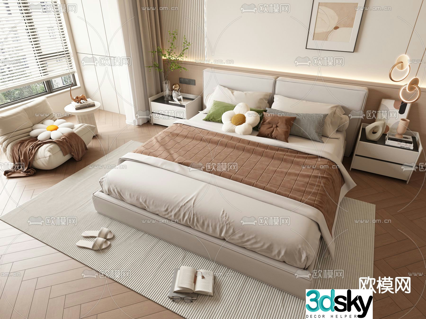 Cream style double bed 3d model