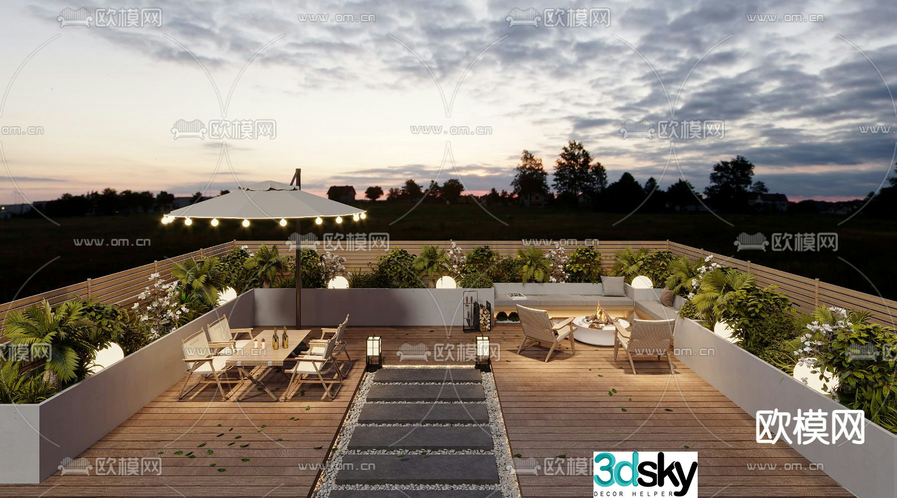 Modern balcony terrace roof garden 3d model