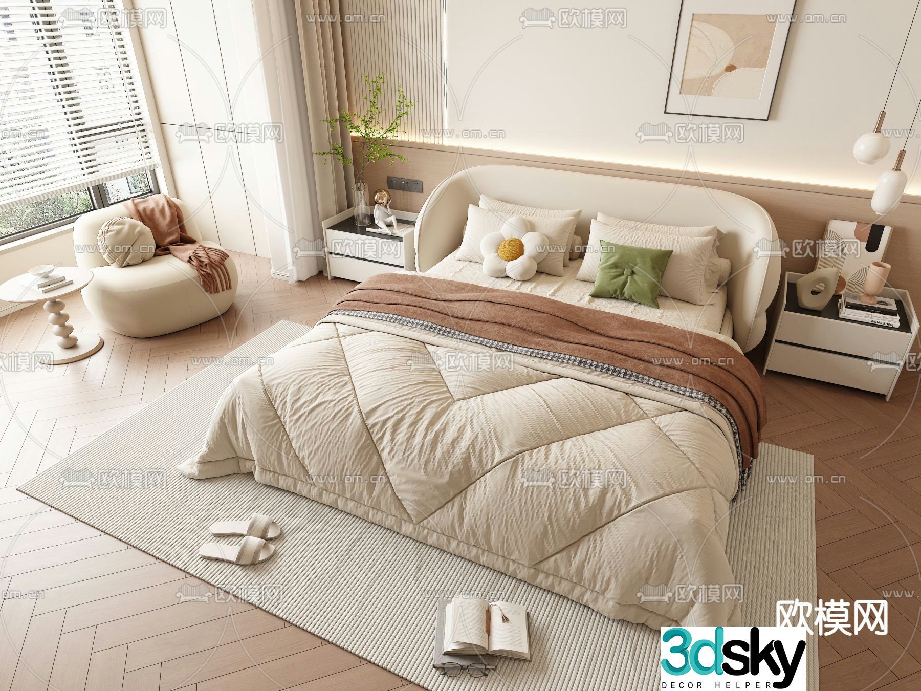 Cream style double bed 3d model