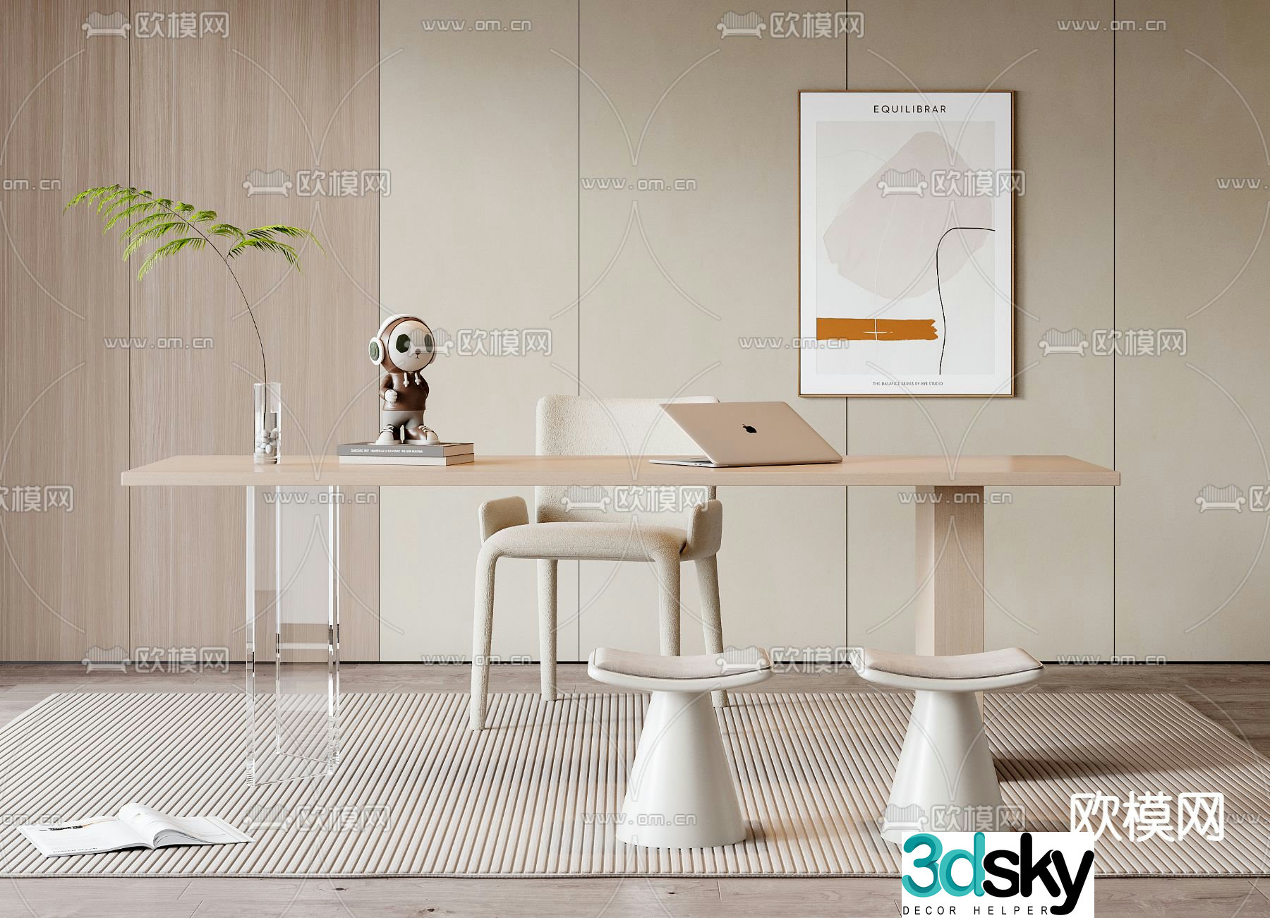 Cream style desk computer desk study table 3d model