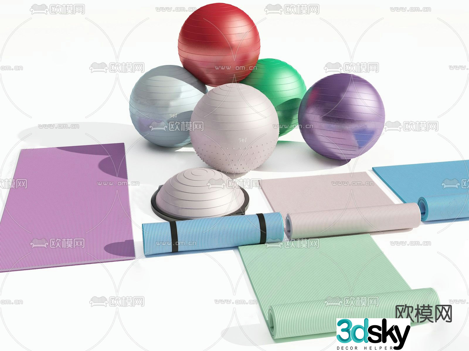 Fitness equipment yoga ball yoga mat 3d model
