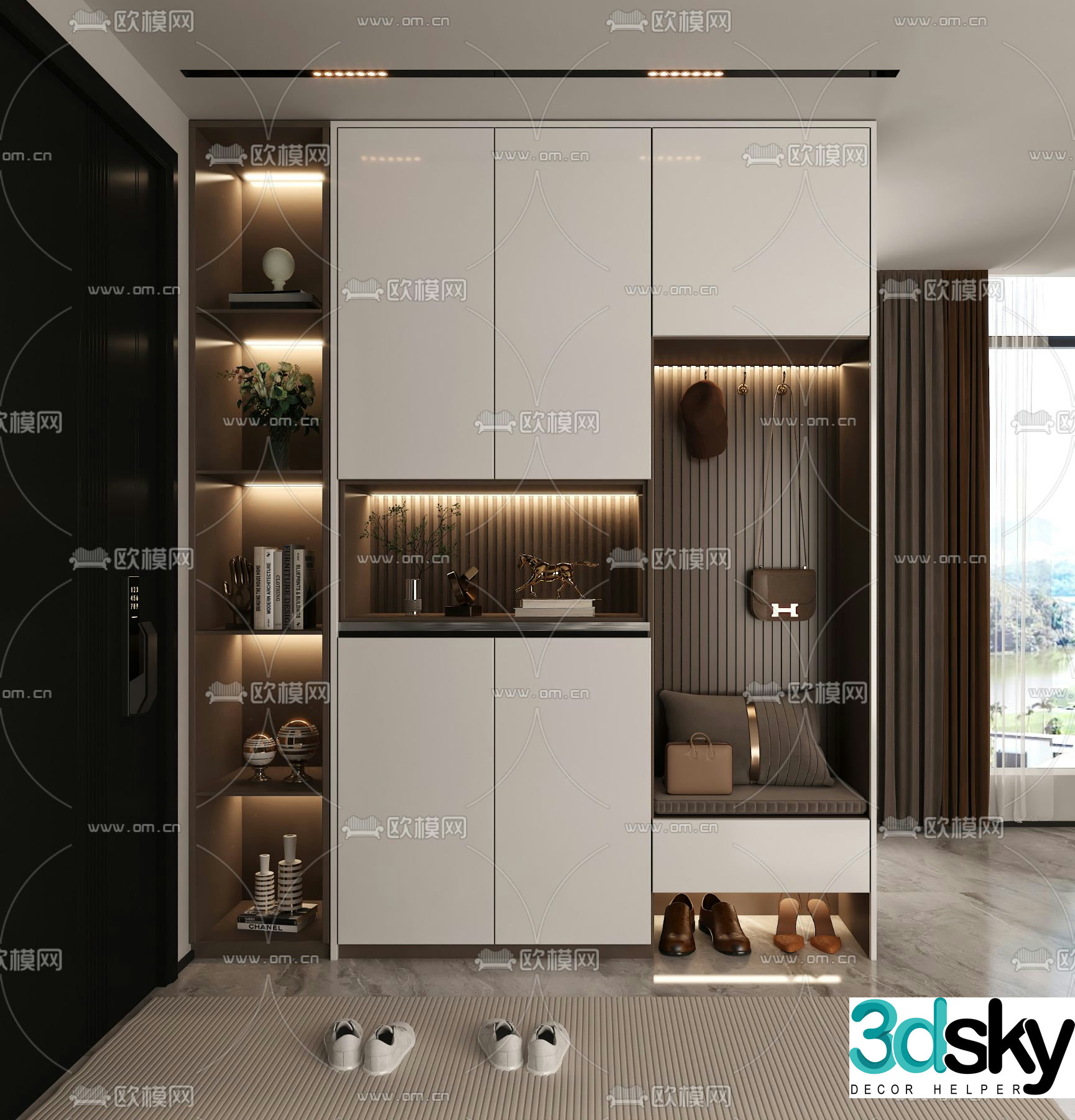 Entrance shoe cabinet and shoe changing stool 3D model