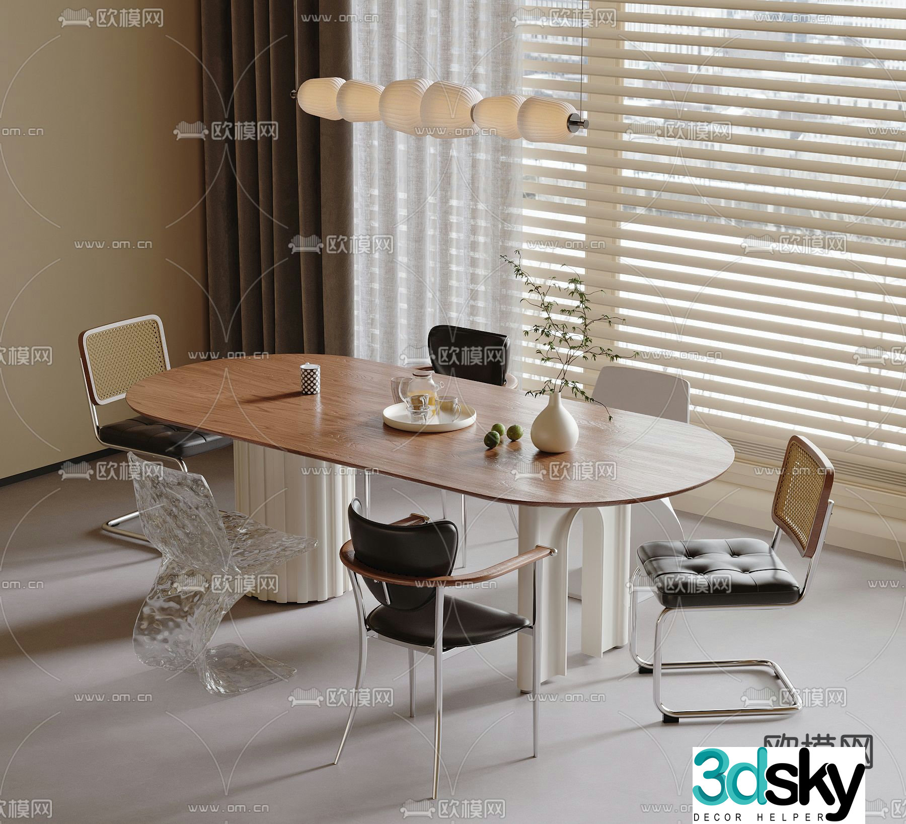 Oval dining table and chairs solid wood dining table 3d model