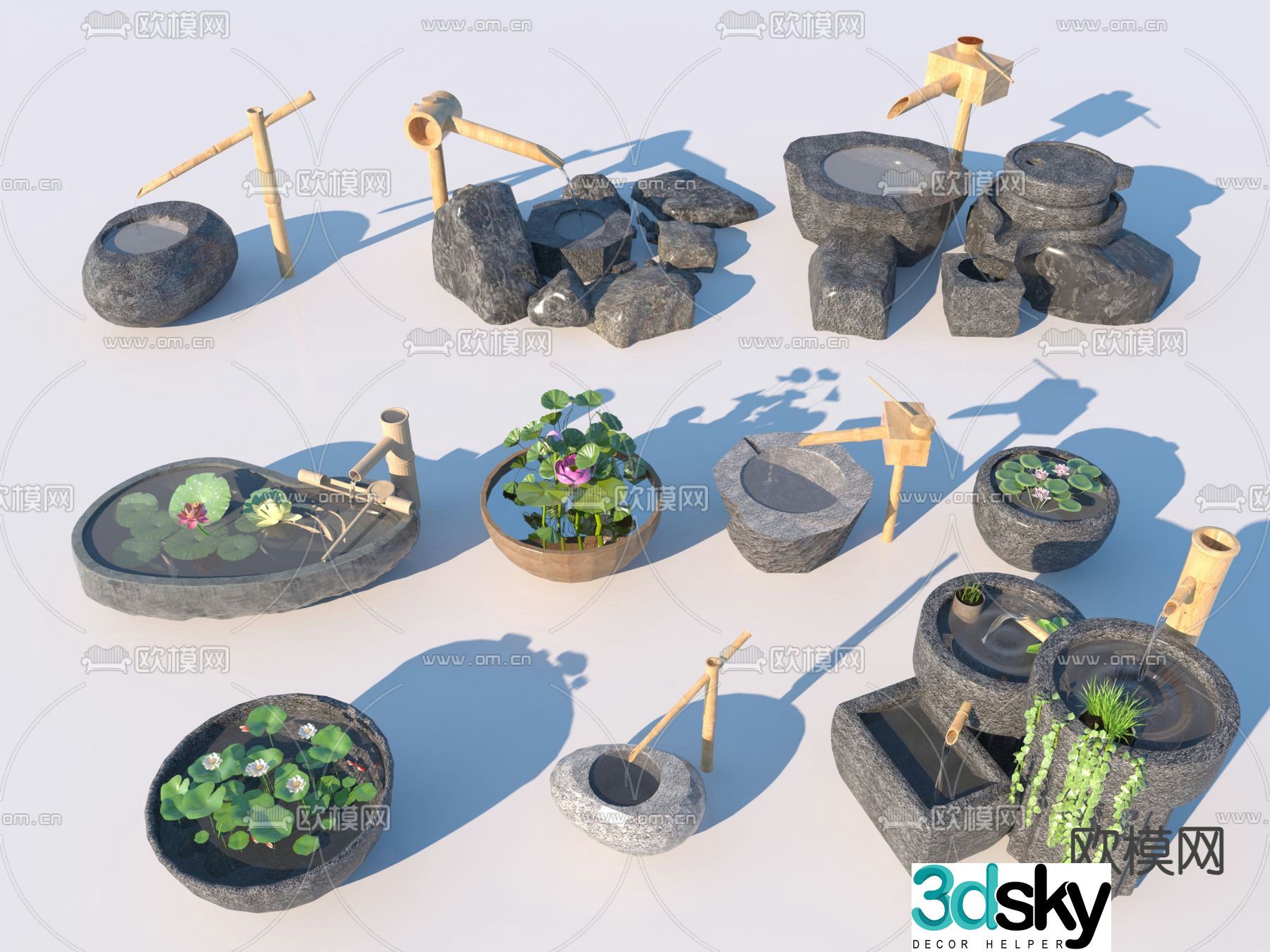 New Chinese style waterscape flowing water bowl frightened deer lotus pond 3D model