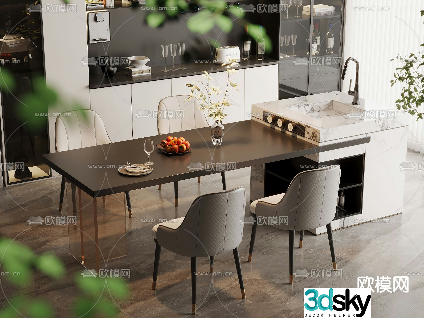 Modern dining table and chairs island table 3d model