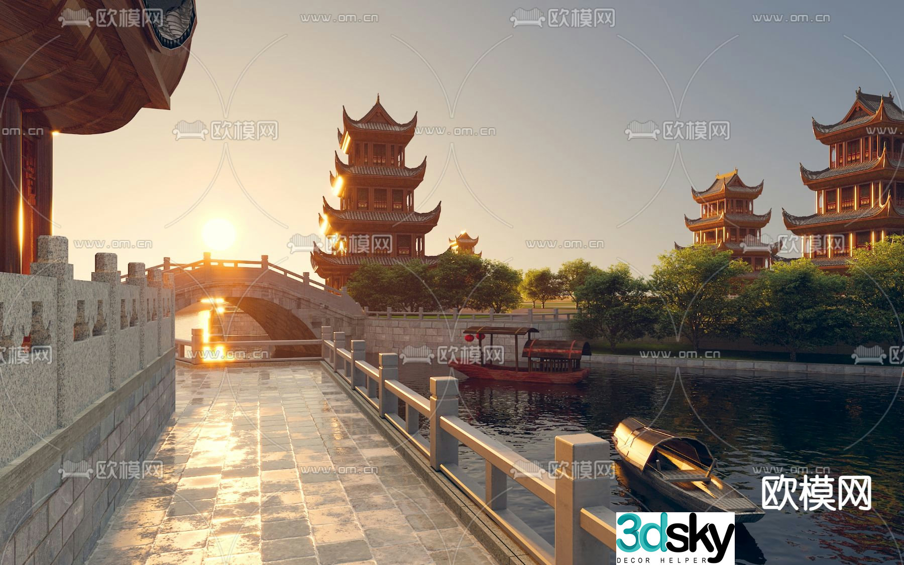 Chinese style river moat landscape 3D model