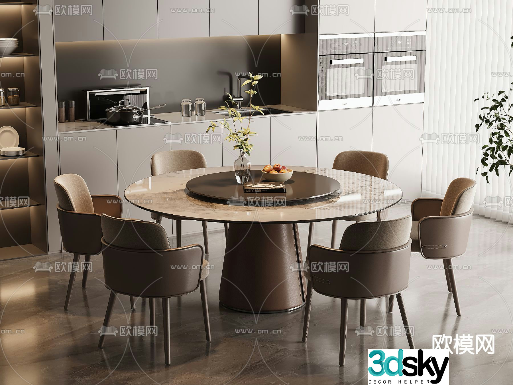 Marble dining table and chairs round dining table 3d model