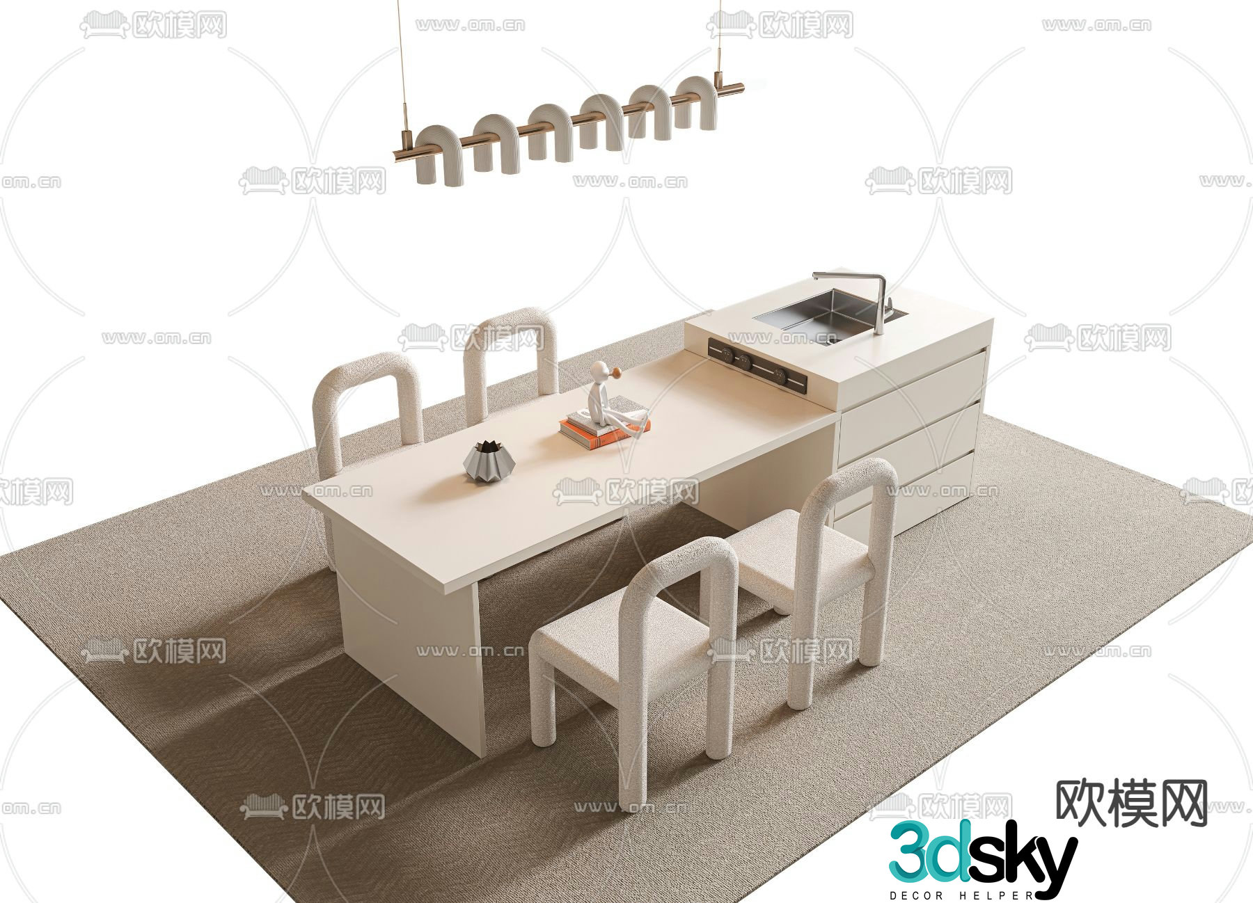 Creamy dining table and chairs Island dining table 3D model