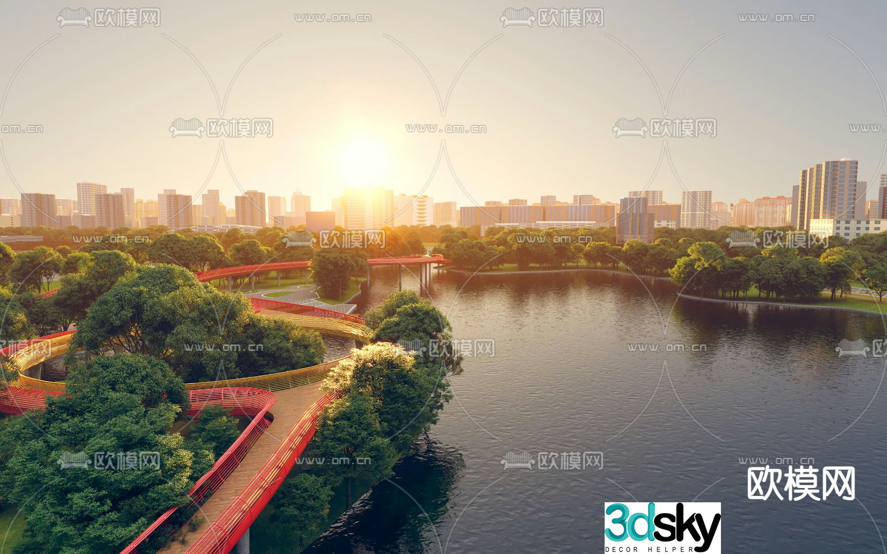 Riverside landscape bridge waterscape park landscape 3d model