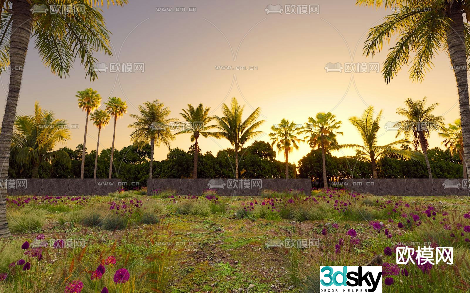 Tropical trees coconut trees palm trees flowers and shrubs 3d model