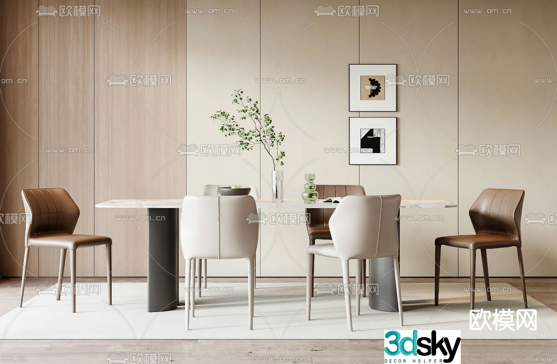 Long dining table and chairs 3d model