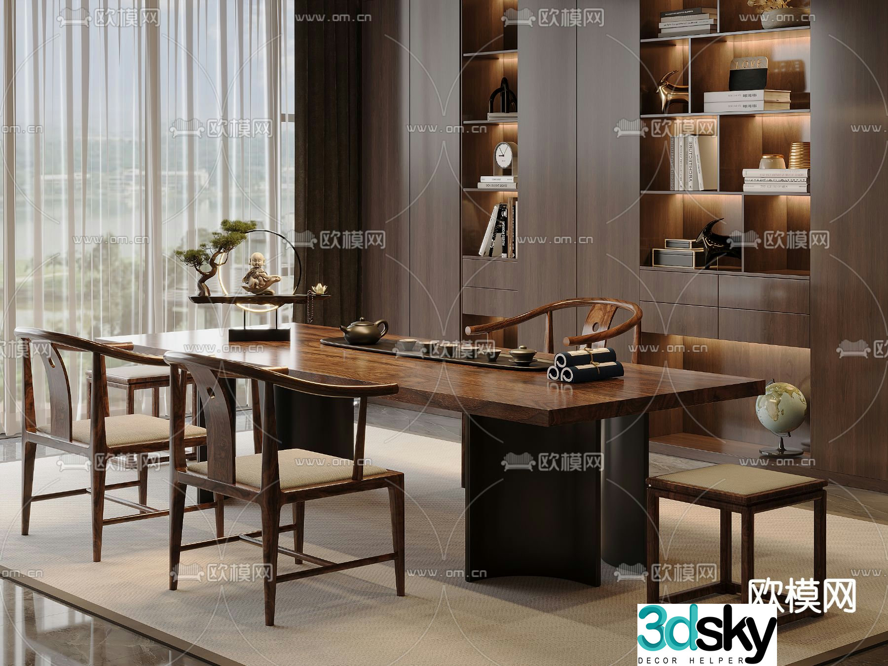 Solid wood tea table and chairs tea table 3d model