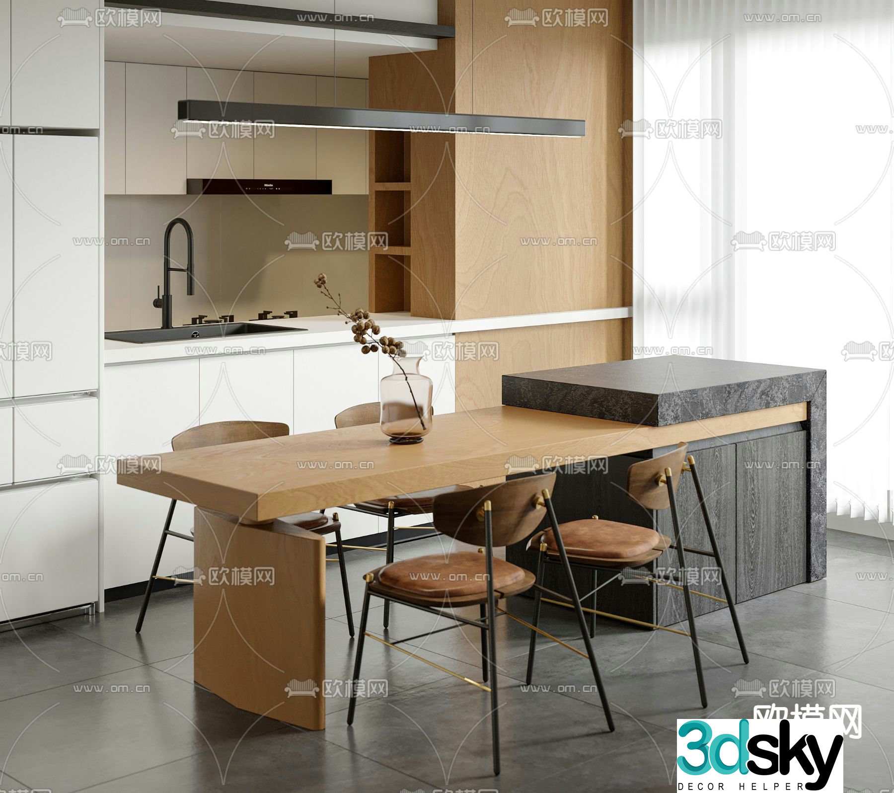 Island dining table and chairs 3d model