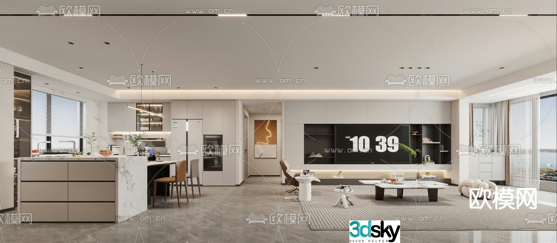 Modern living and dining room 3d model