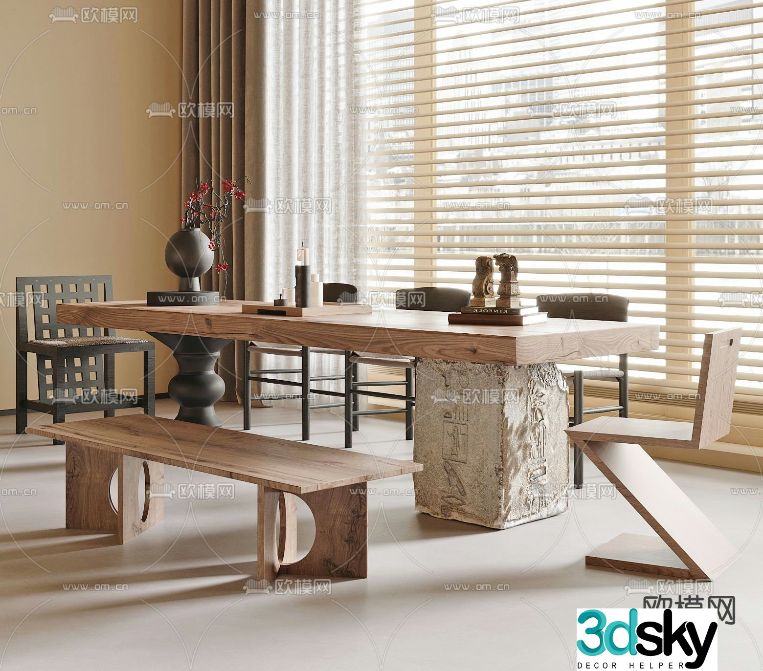 New Chinese tea table and chairs 3d model