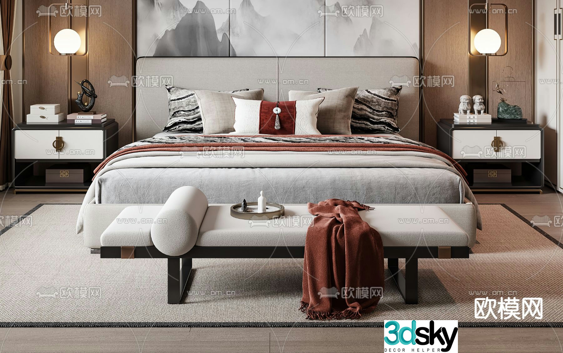 New Chinese style double bed 3d model