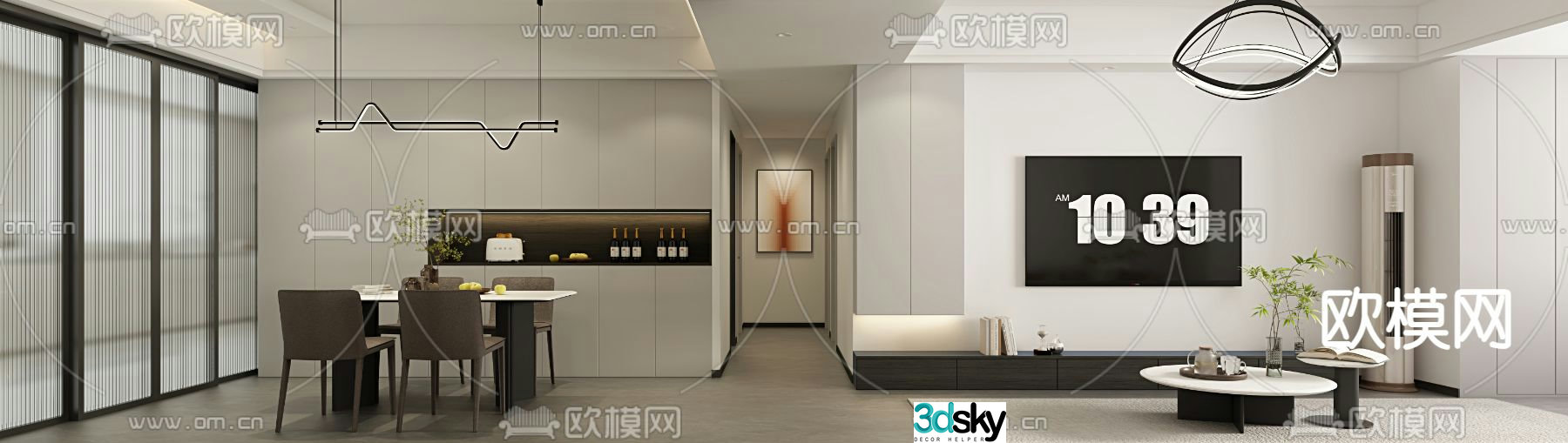 Modern living and dining room 3d model