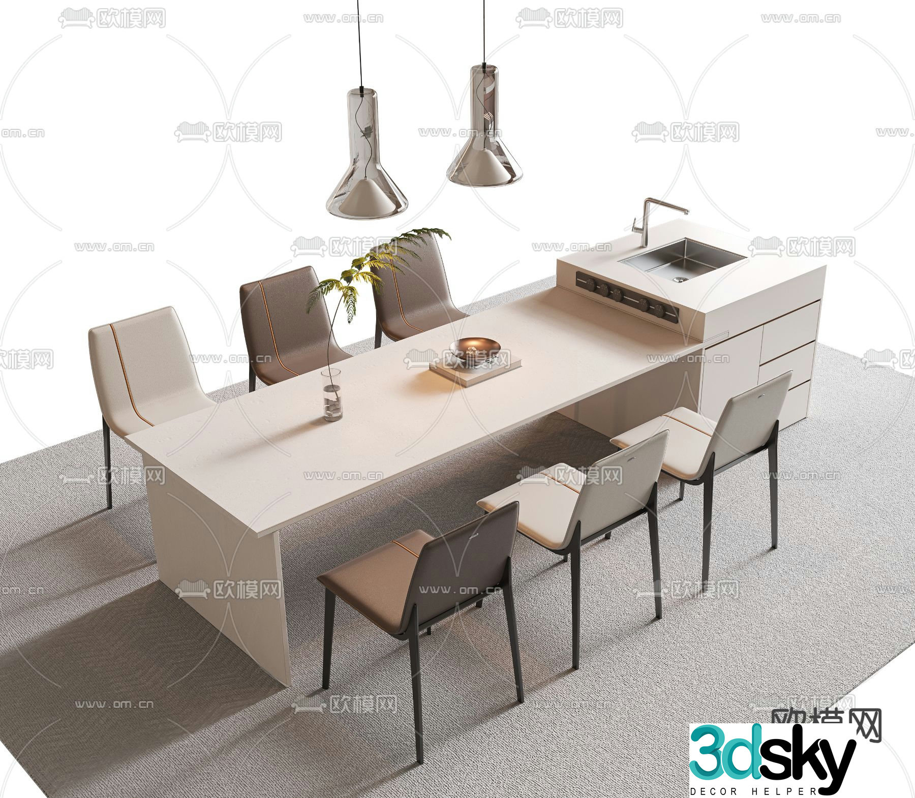 Modern island dining table 3d model