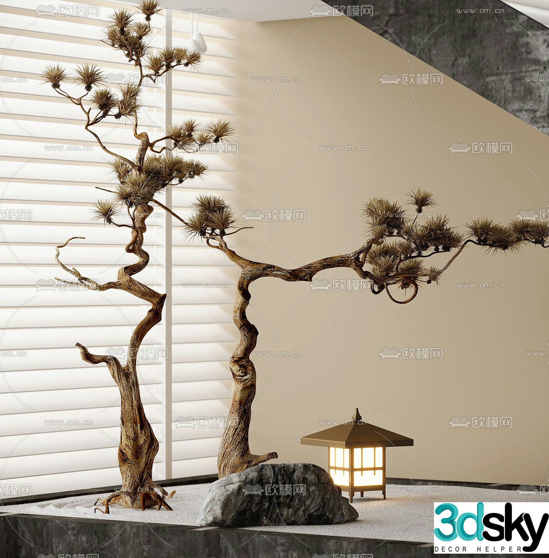 New Chinese style fake stone pine tree landscape sketch 3D model