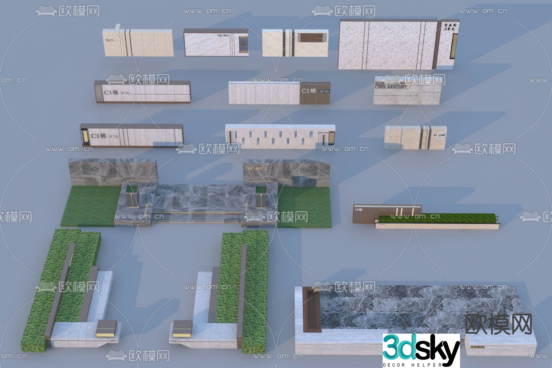 Unit building entrance landscape low wall d model