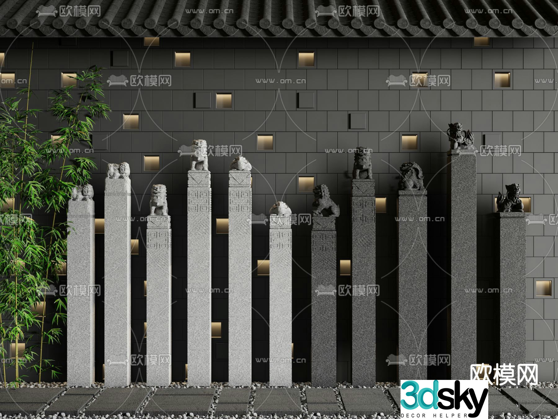 Chinese courtyard horse post stone lion bluestone slab 3D model