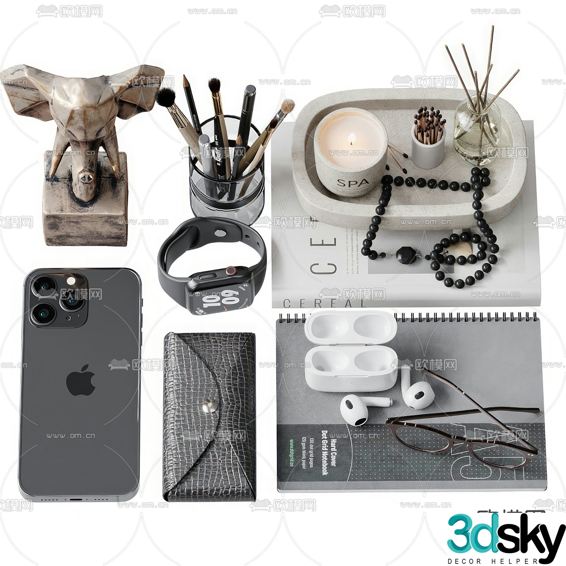 Office supplies desktop accessories mobile phones glasses 3D model