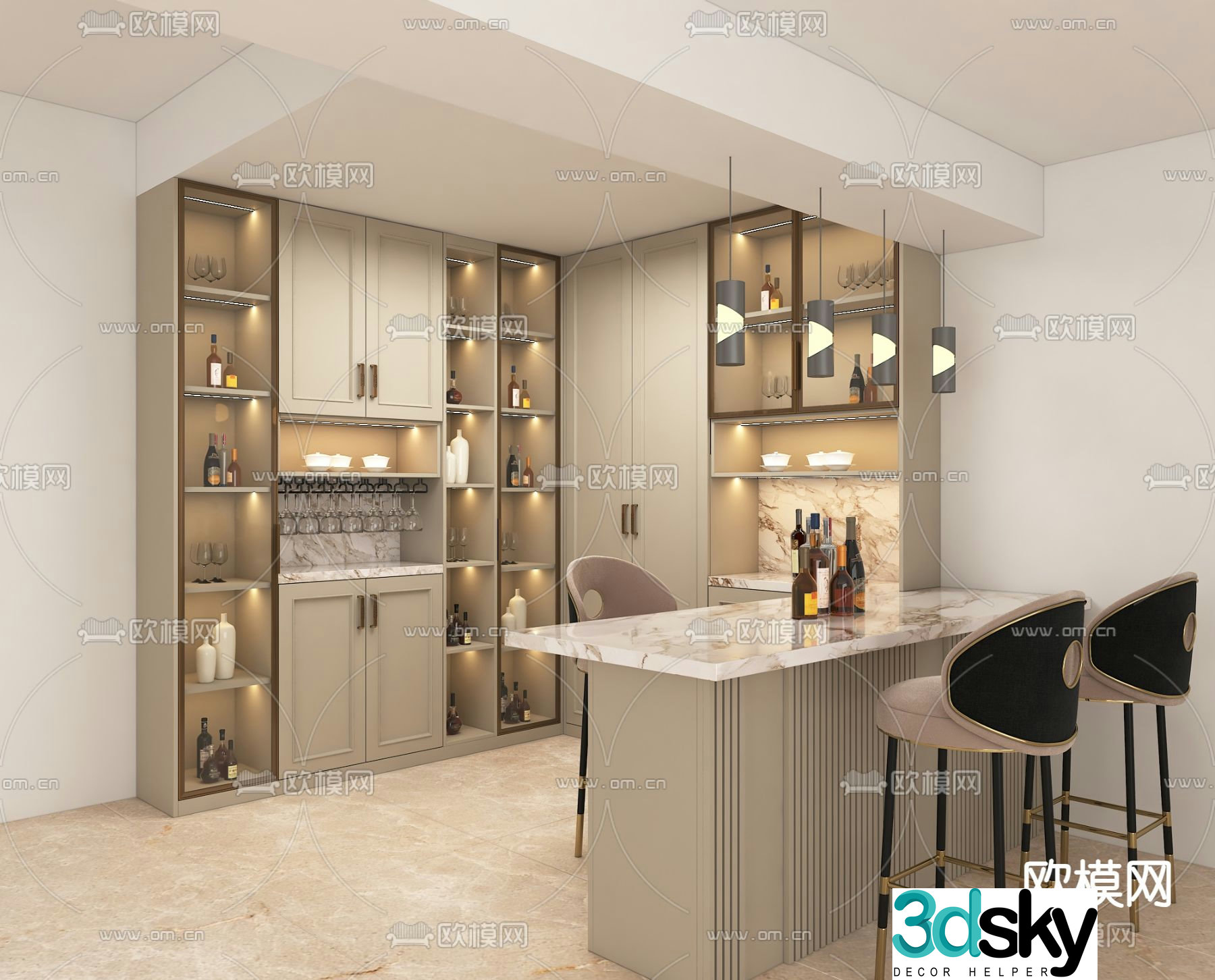 Light luxury bar wine cabinet 3D model