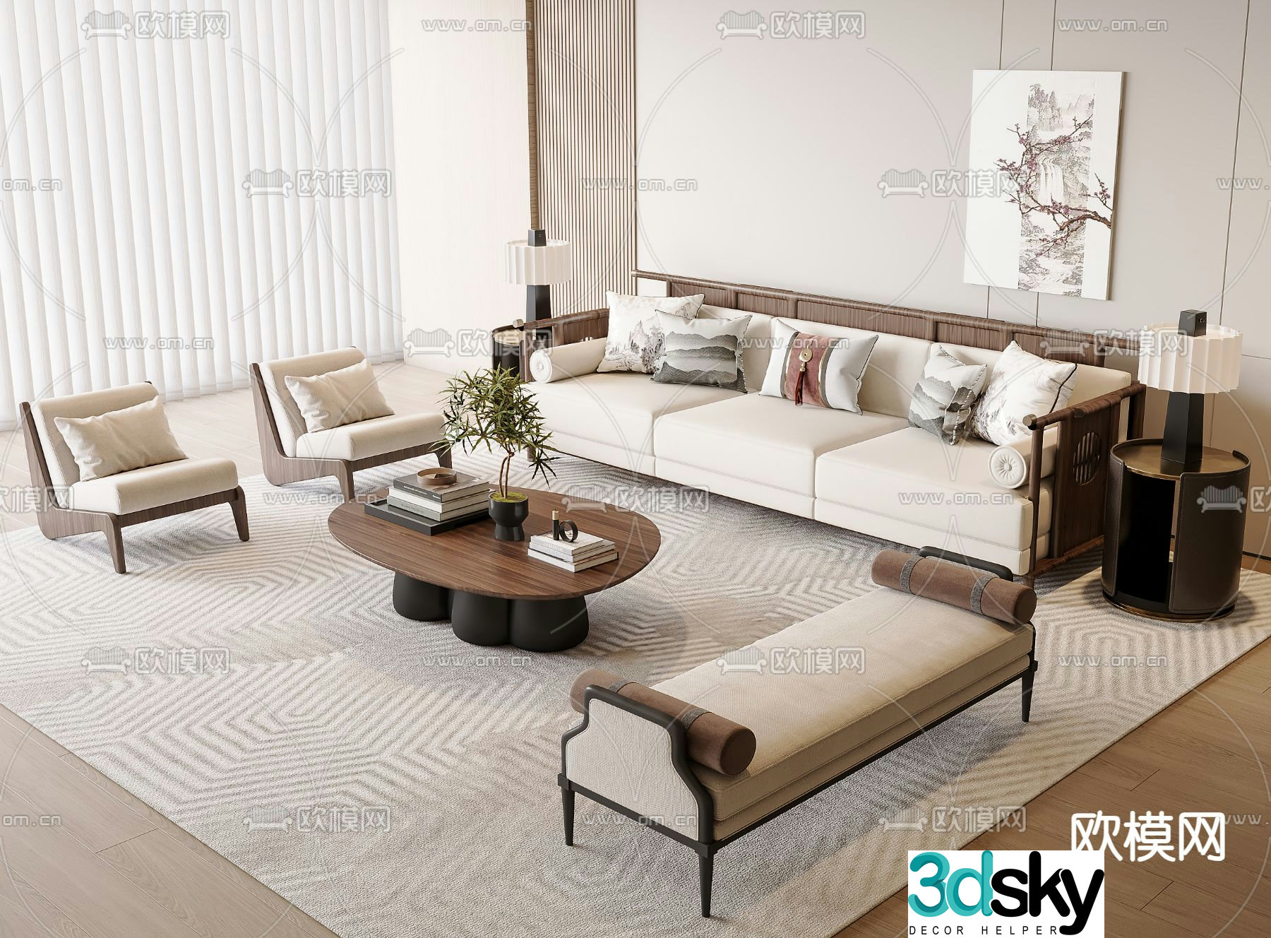 New Chinese style upholstered sofa fabric sofa sofa combination 3d model