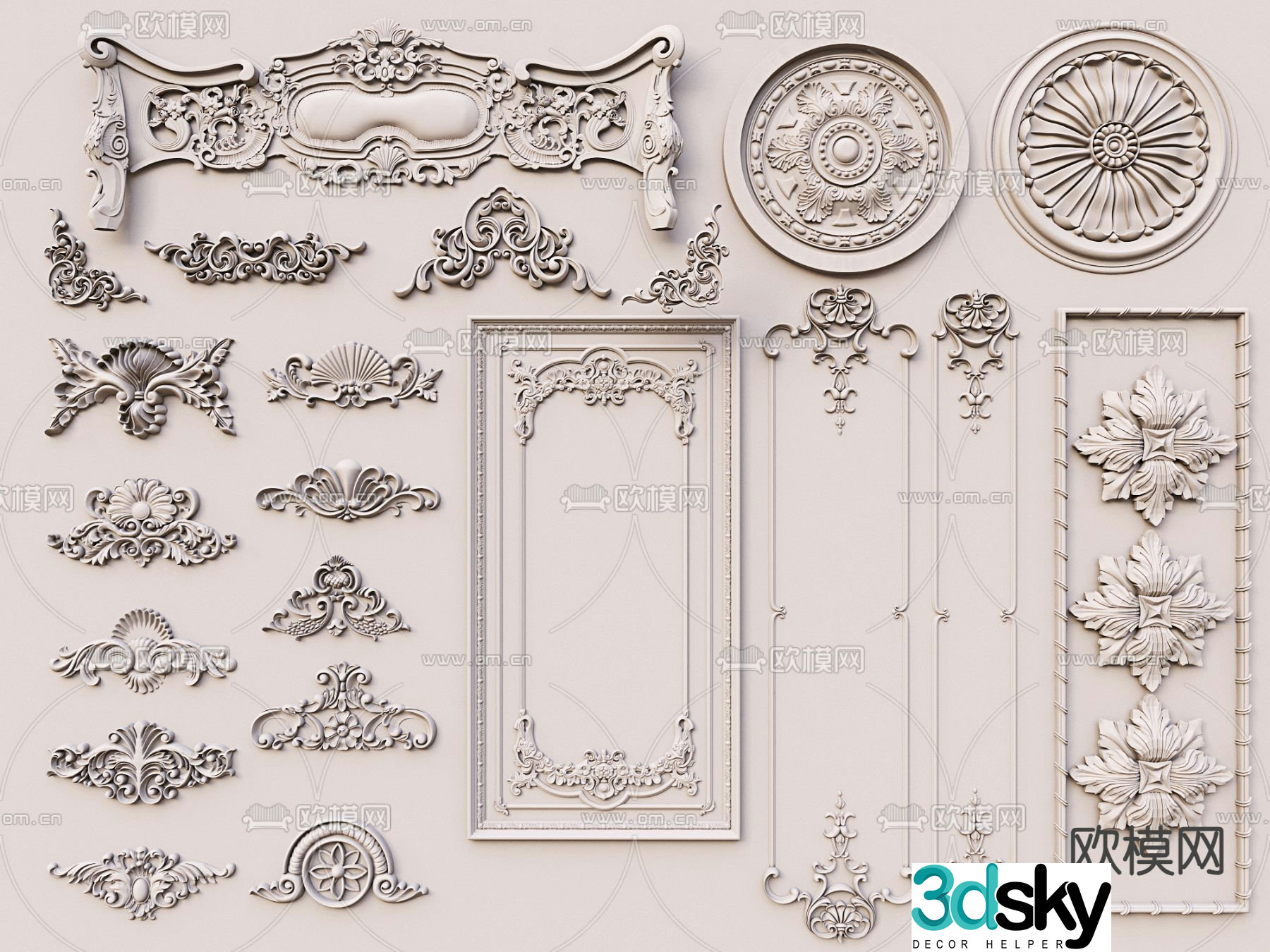 Simple European carving gypsum carving gypsum line lamp panel 3D model