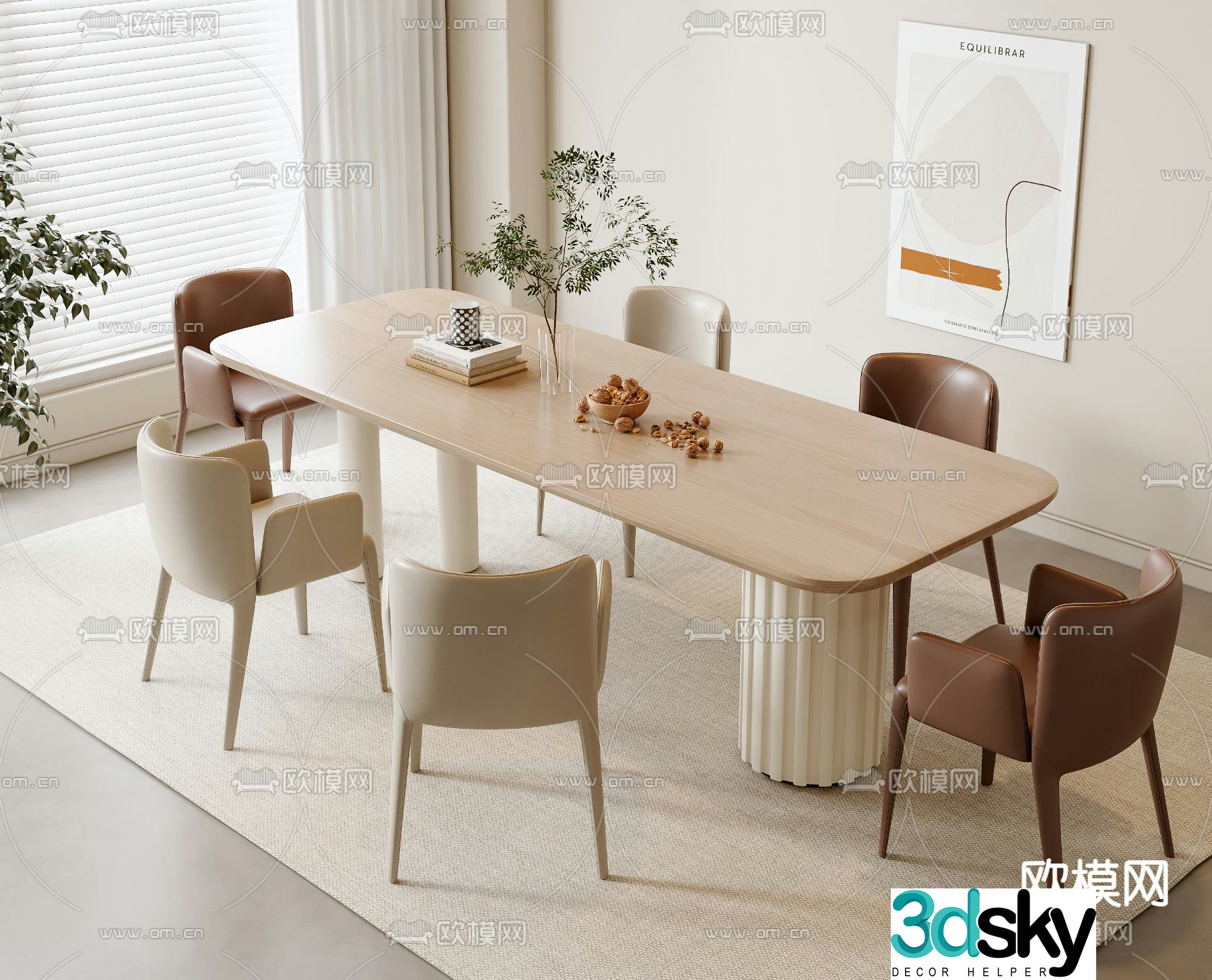 Cream style dining table and chairs 3d model