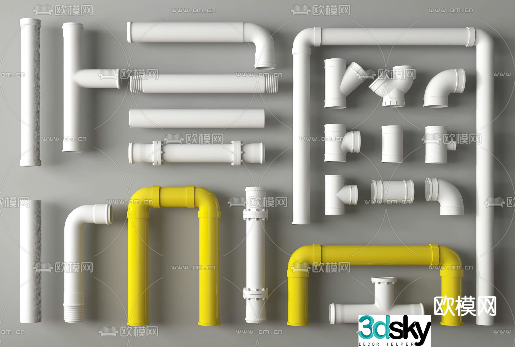 Modern pipes, drain pipes, sewer pipes, pipe parts, pipe accessories 3d model