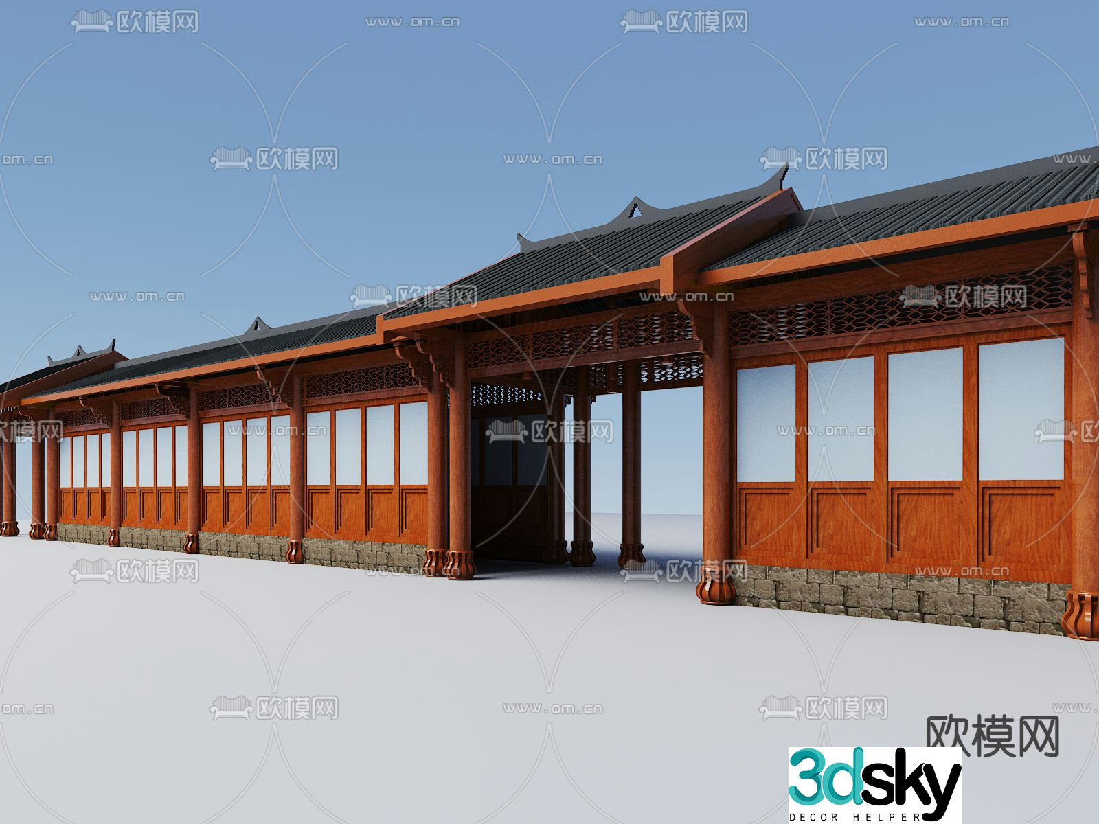 Chinese style gate entrance ancient building gallery 3D model