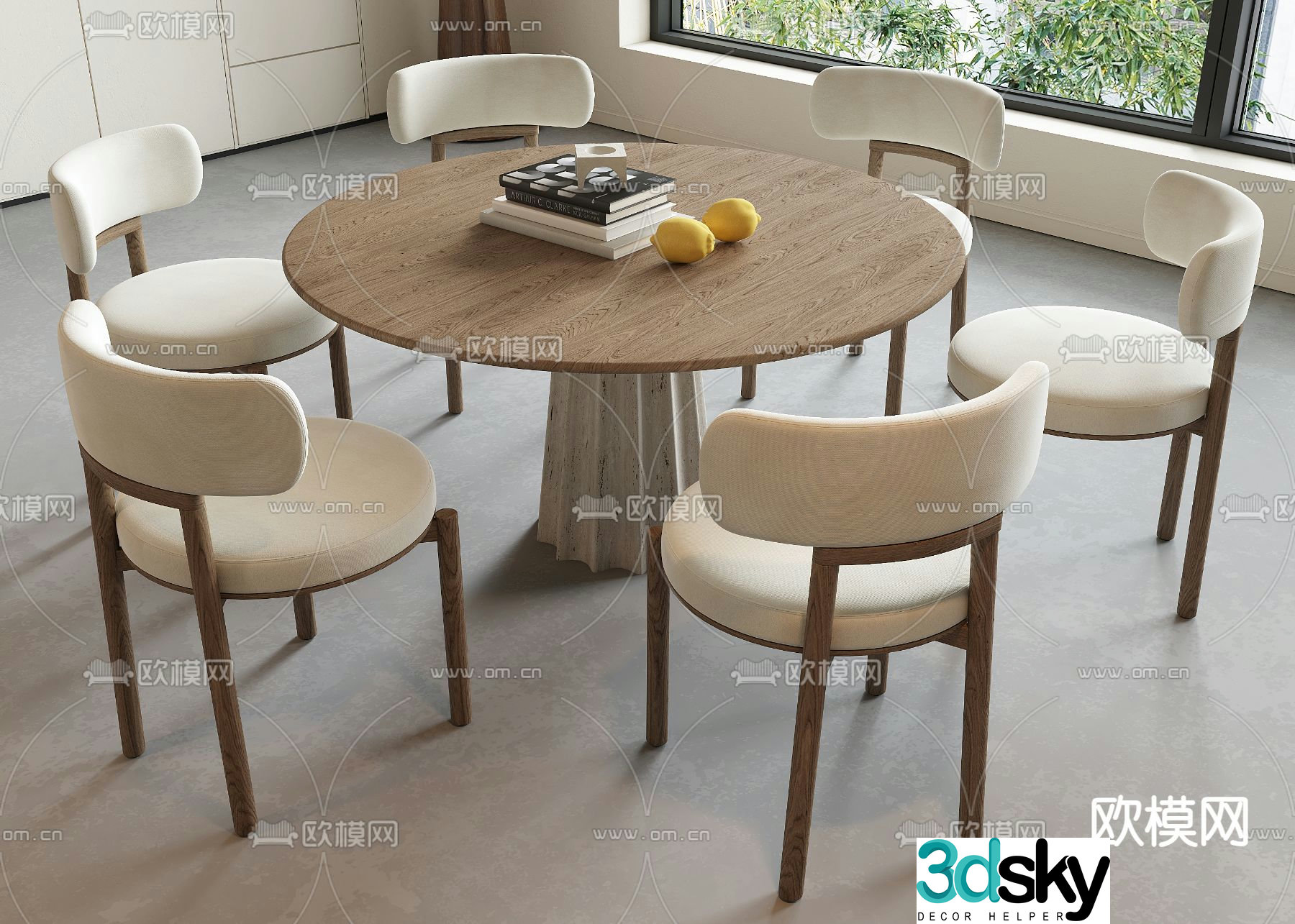 Wabi-sabi style dining table and chairs round dining table 3D model