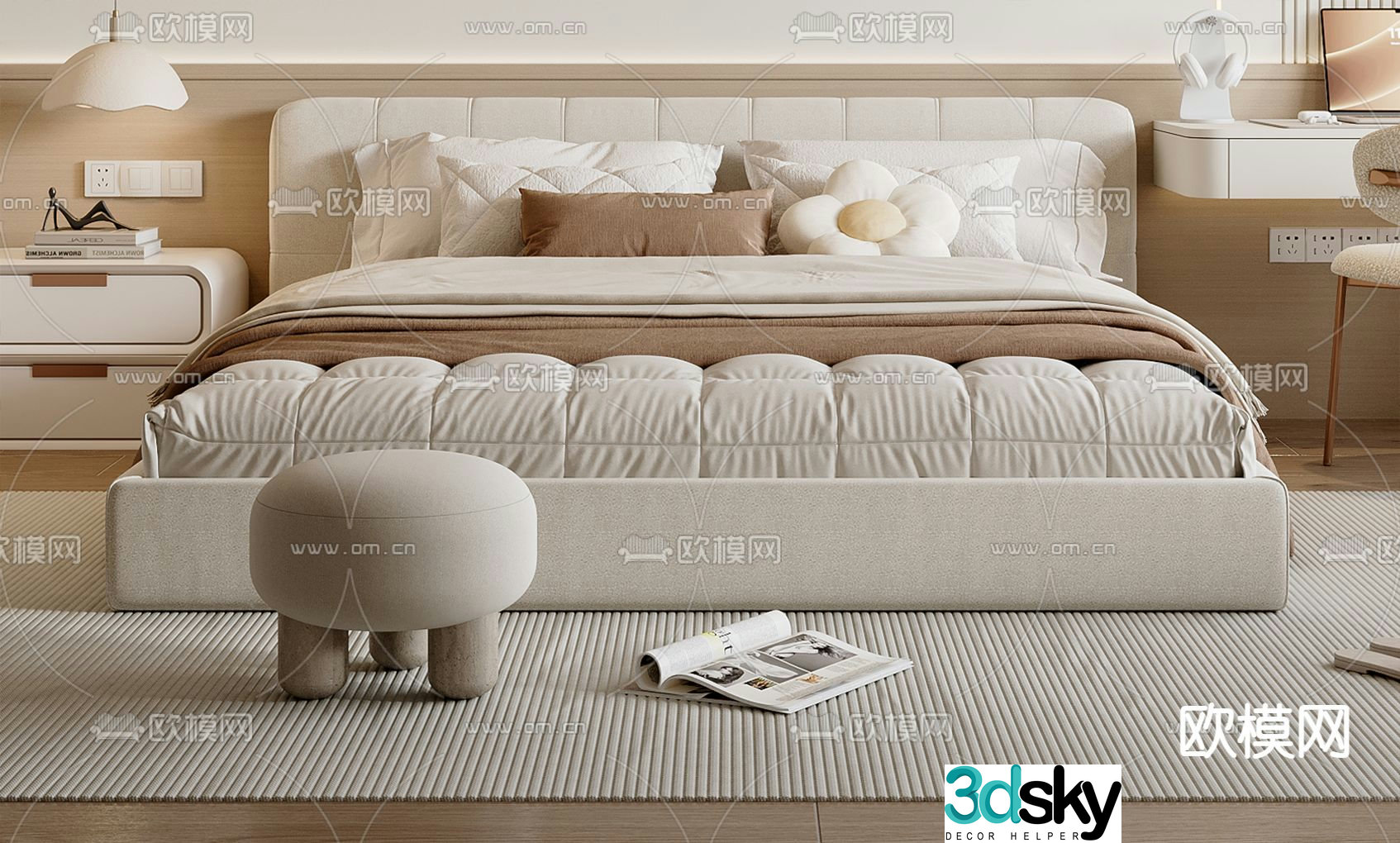 Cream style double bed 3d model
