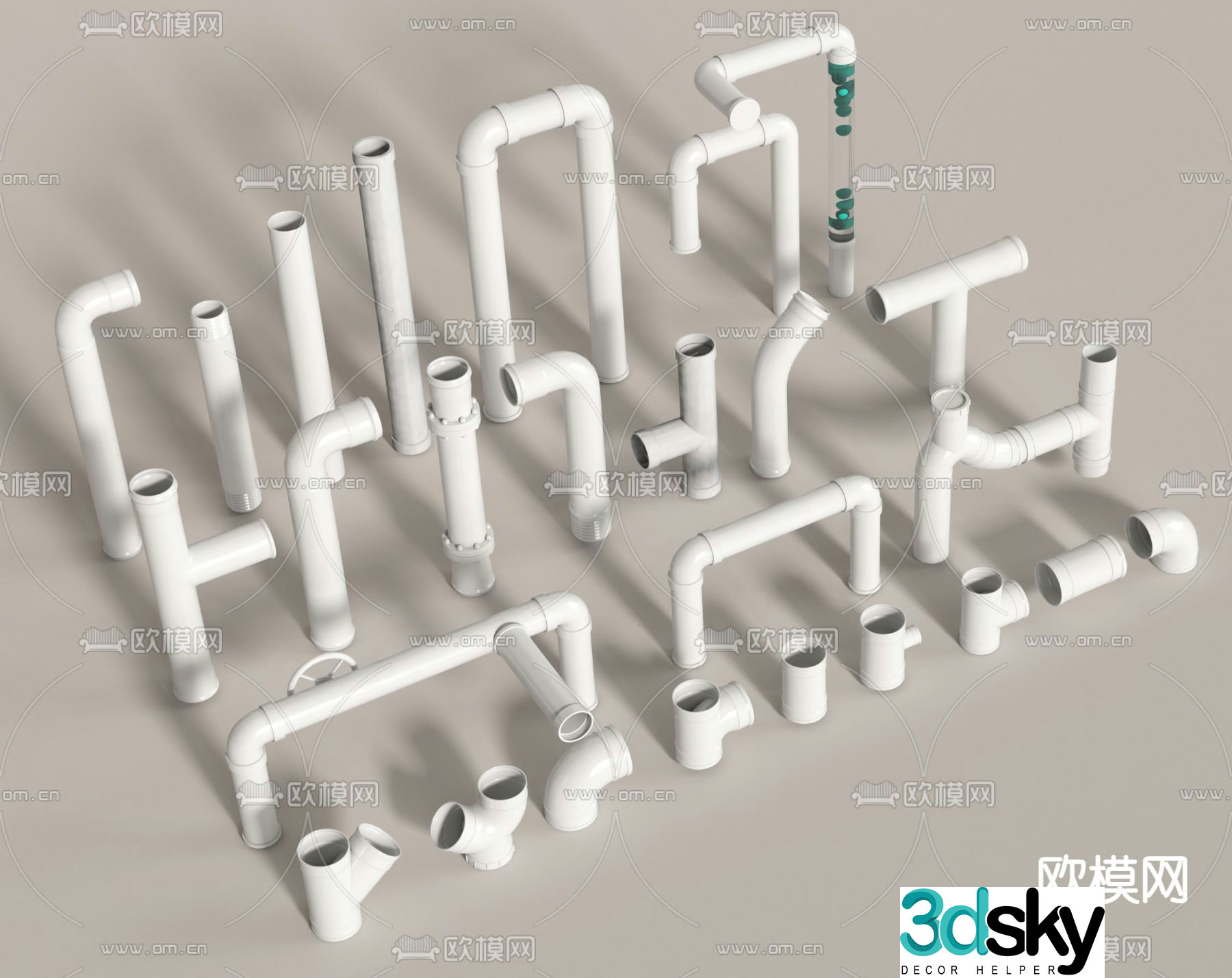 Modern pipes, drain pipes, sewer pipes, pipe parts, pipe accessories 3d model