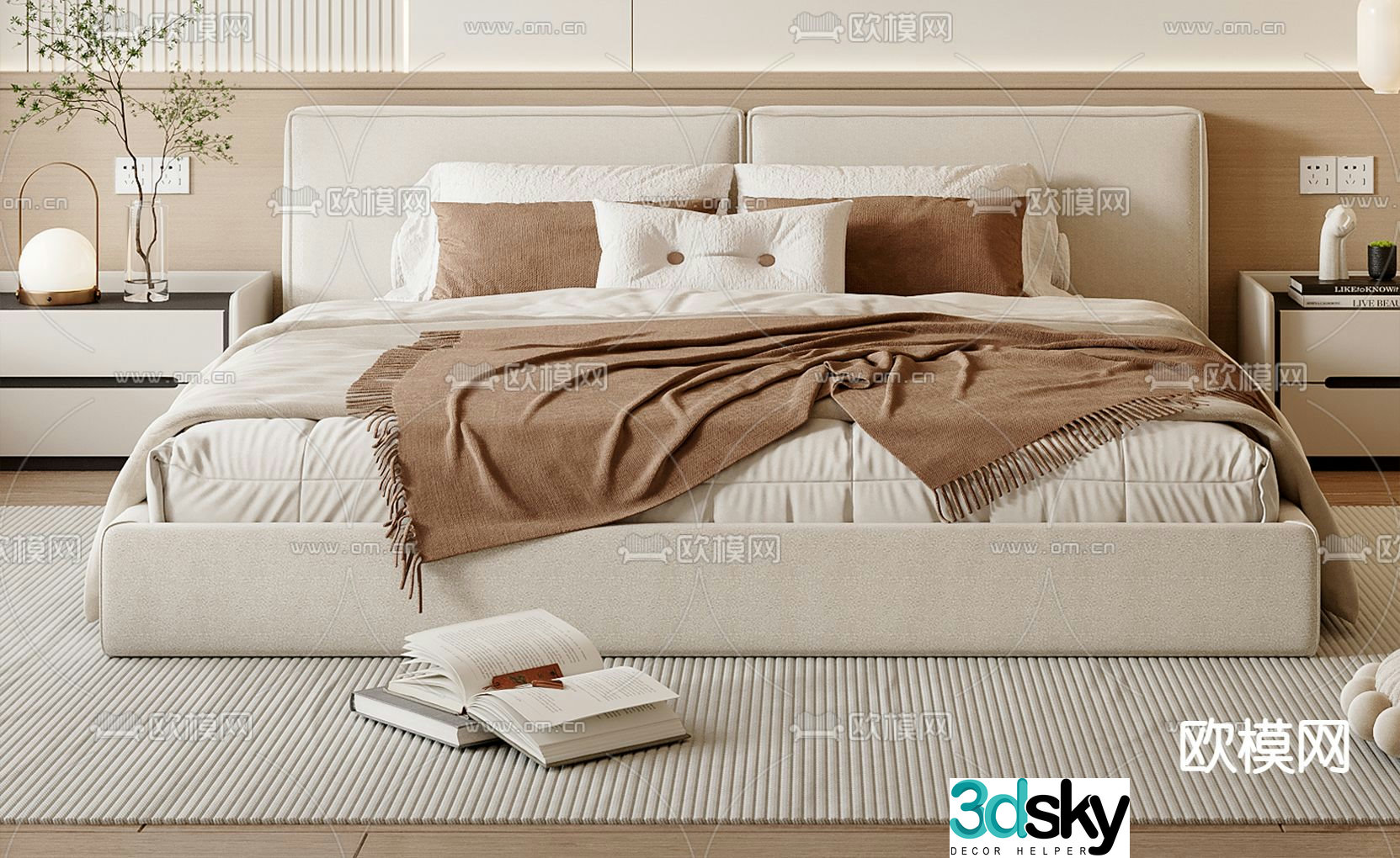 Cream style double bed 3d model