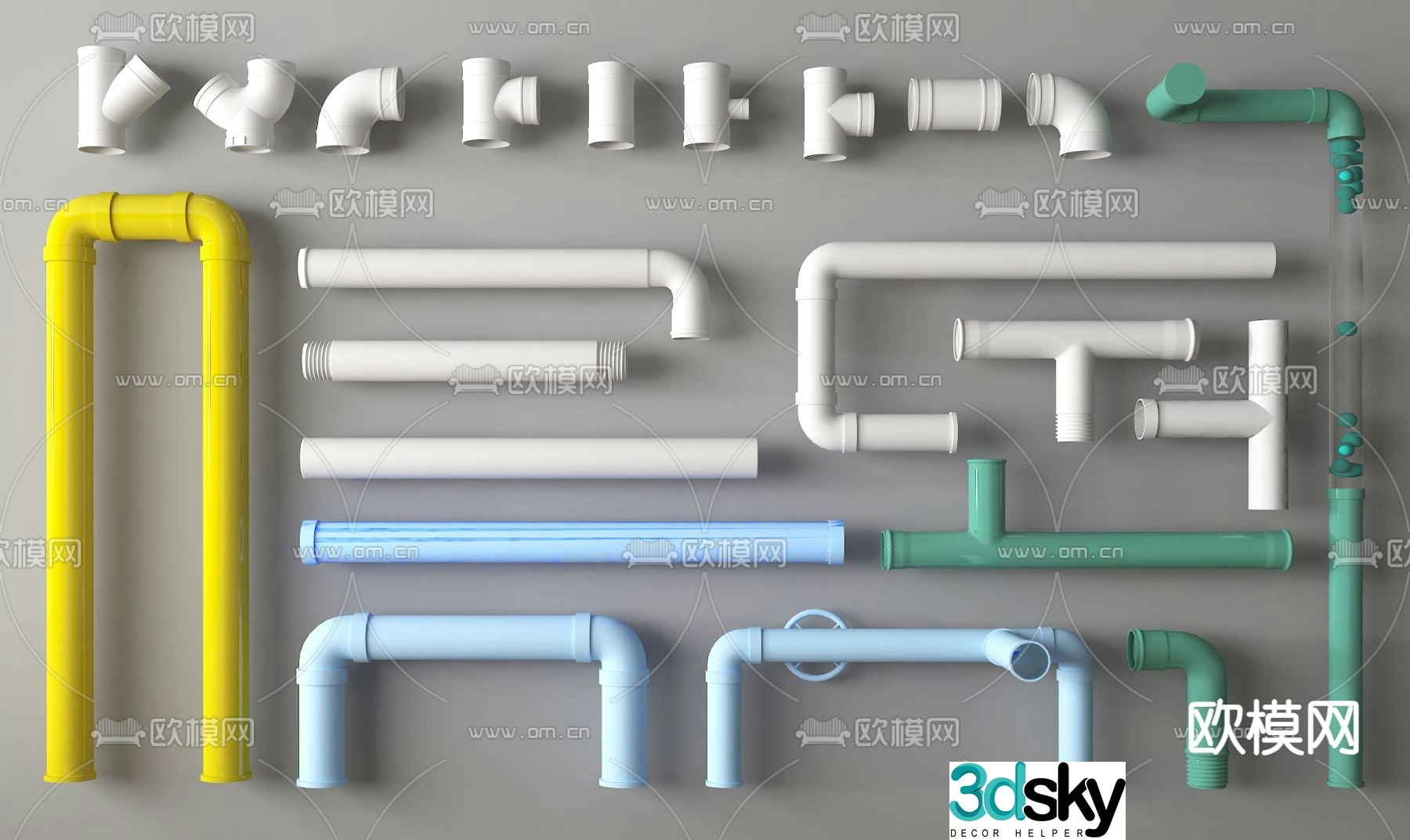 Modern pipes, drain pipes, sewer pipes, pipe parts, pipe accessories 3d model