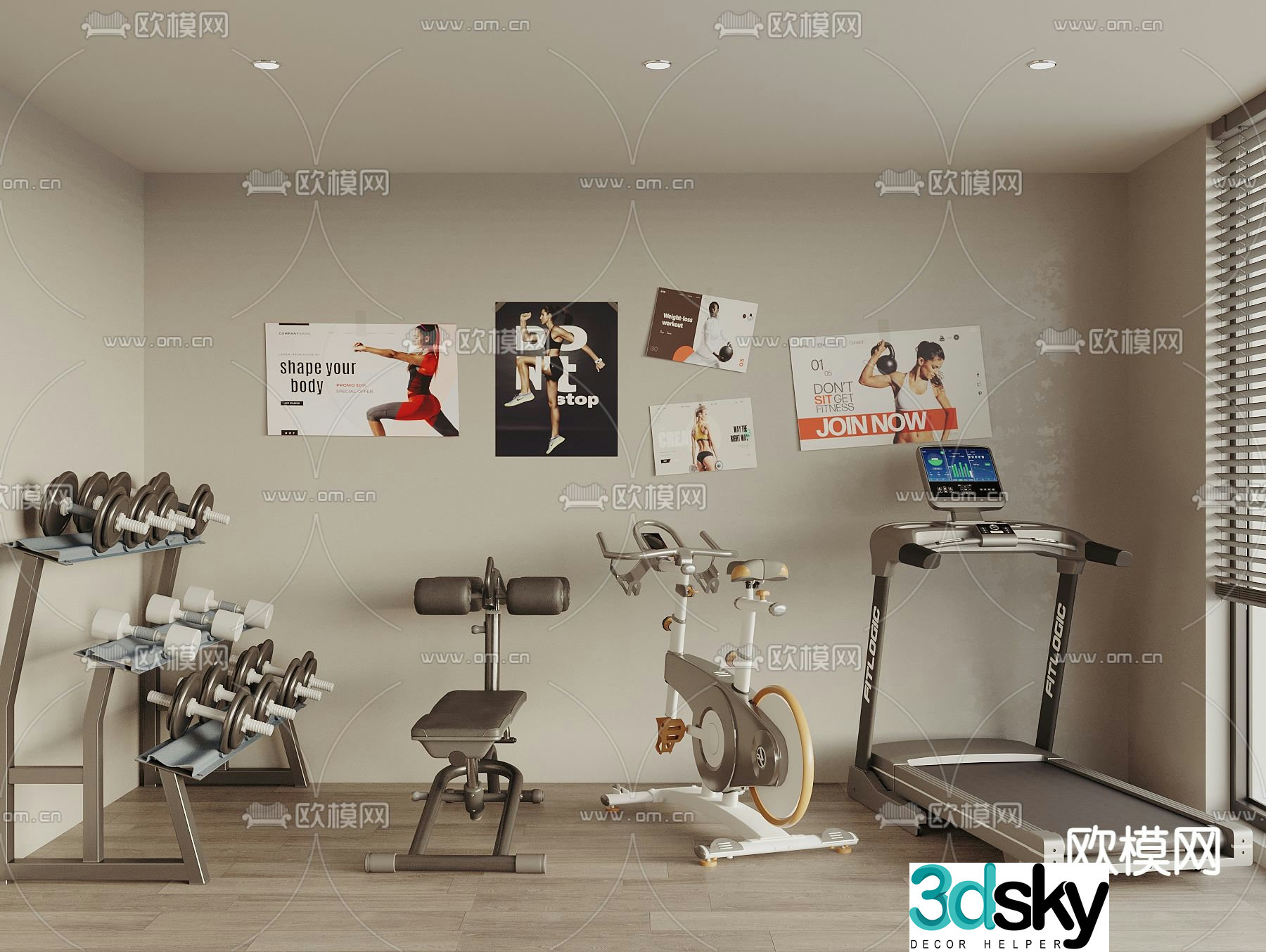 Fitness equipment treadmill sit-ups spinning 3d model