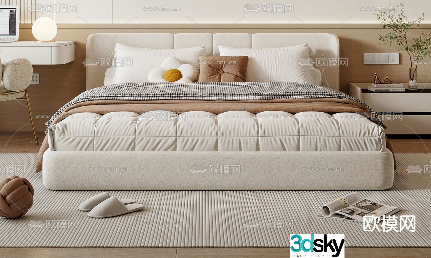 Cream style double bed 3d model