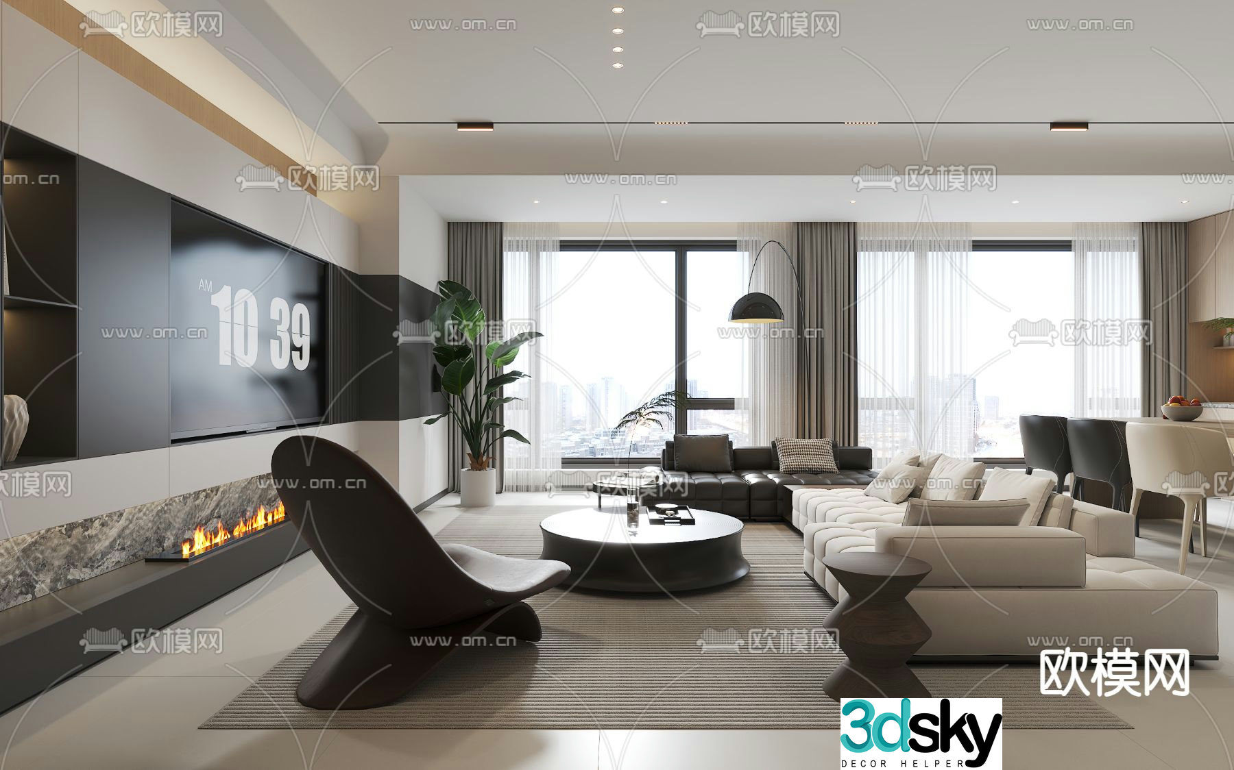 Modern living and dining room 3d model