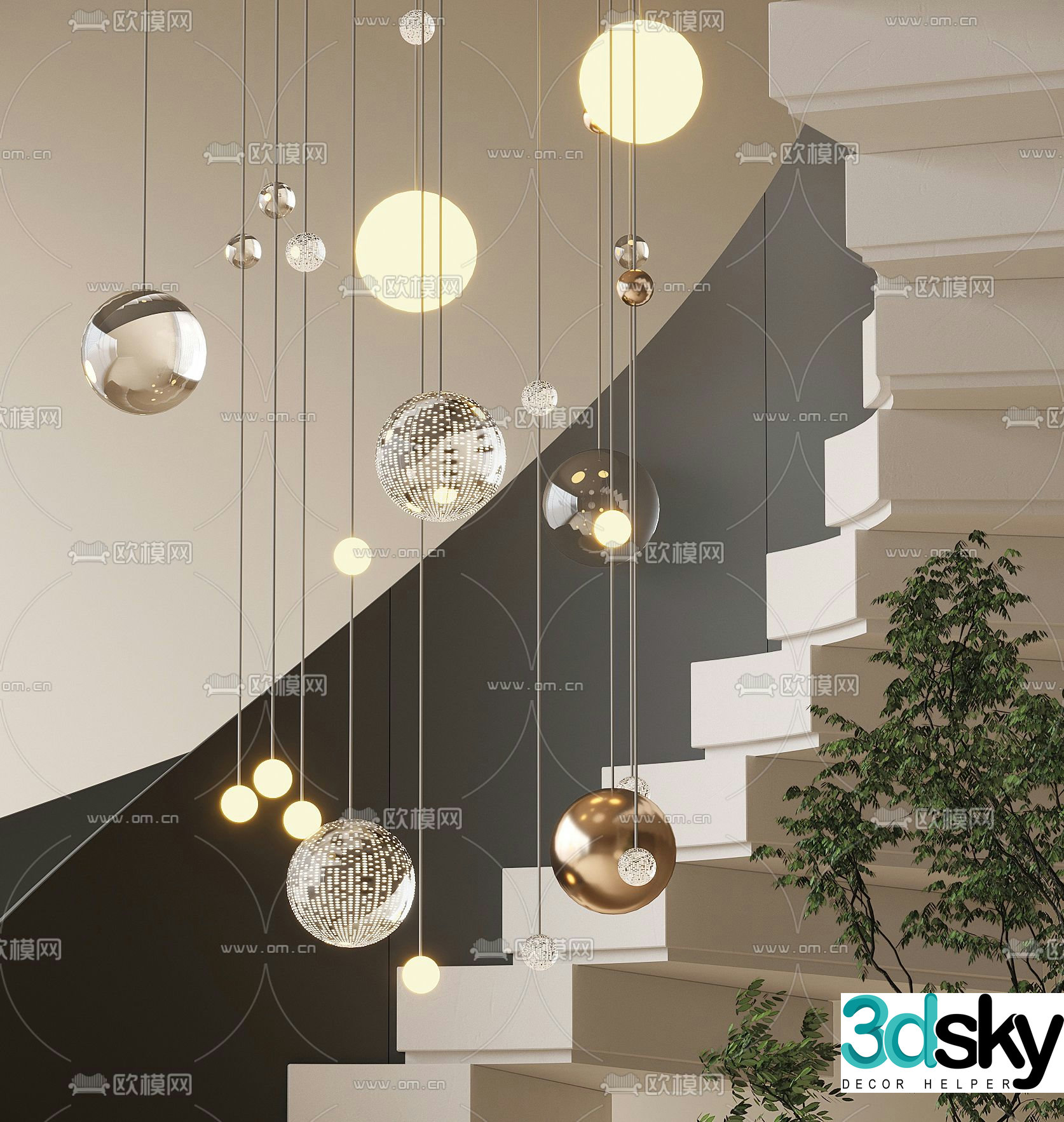 Stairwell chandelier multi-head chandelier 3d model
