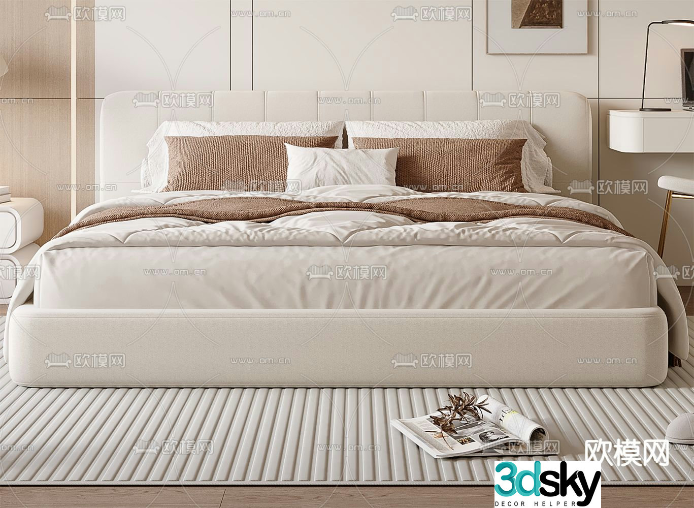 Cream style double bed 3d model